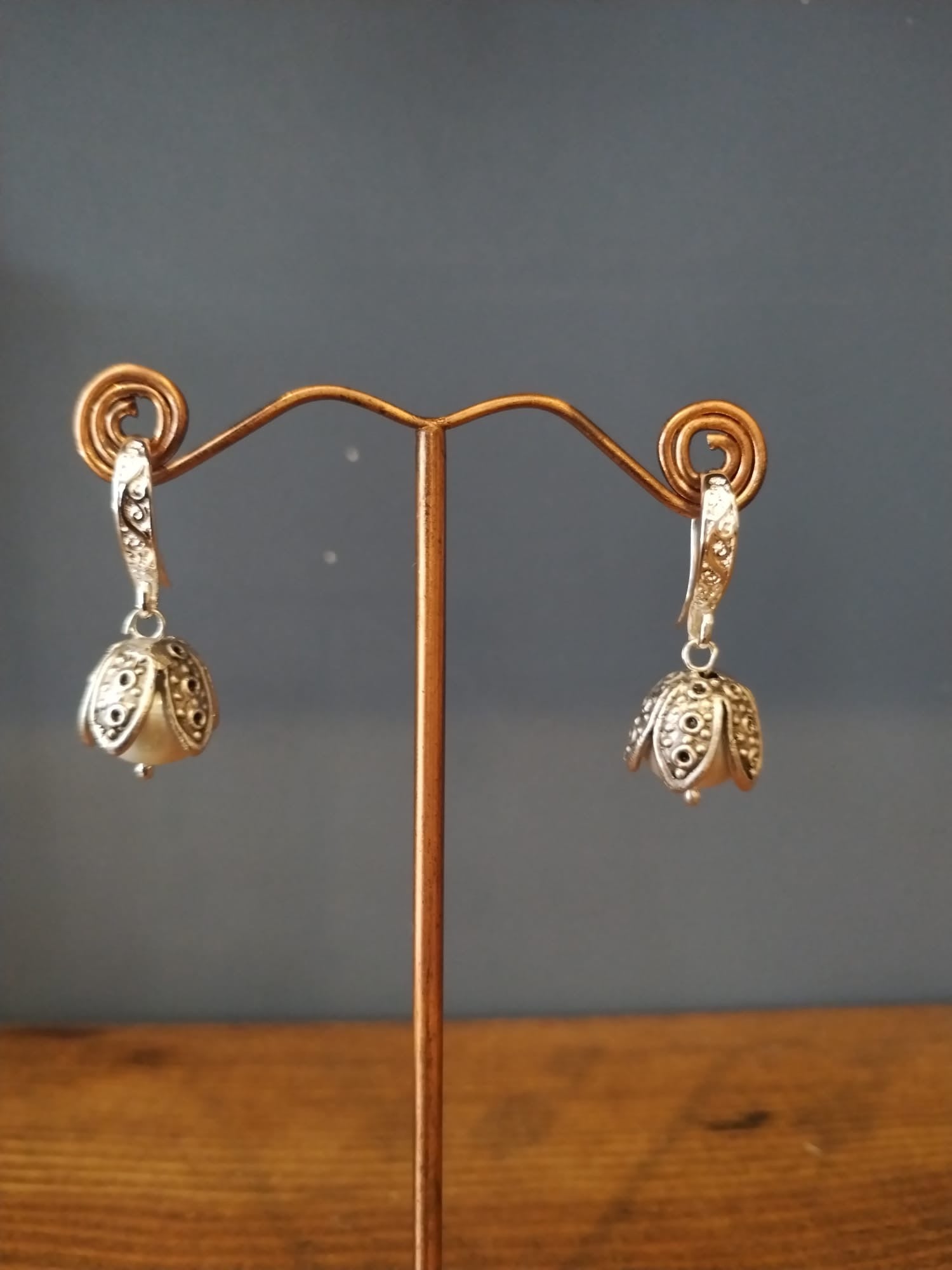 Freshwater Pearl Drop Earrings With Silver Flower Bud Earrings