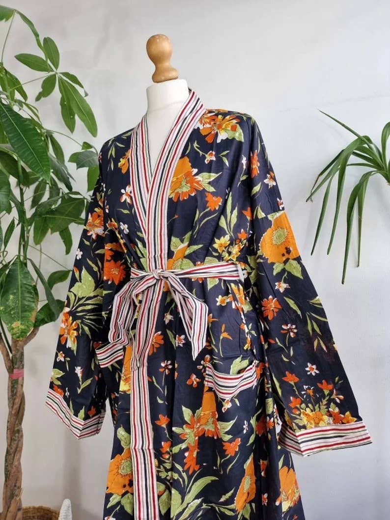 Plus Size Cotton Kimono Robe Black Orange Gardenia Bloom UK 18 24