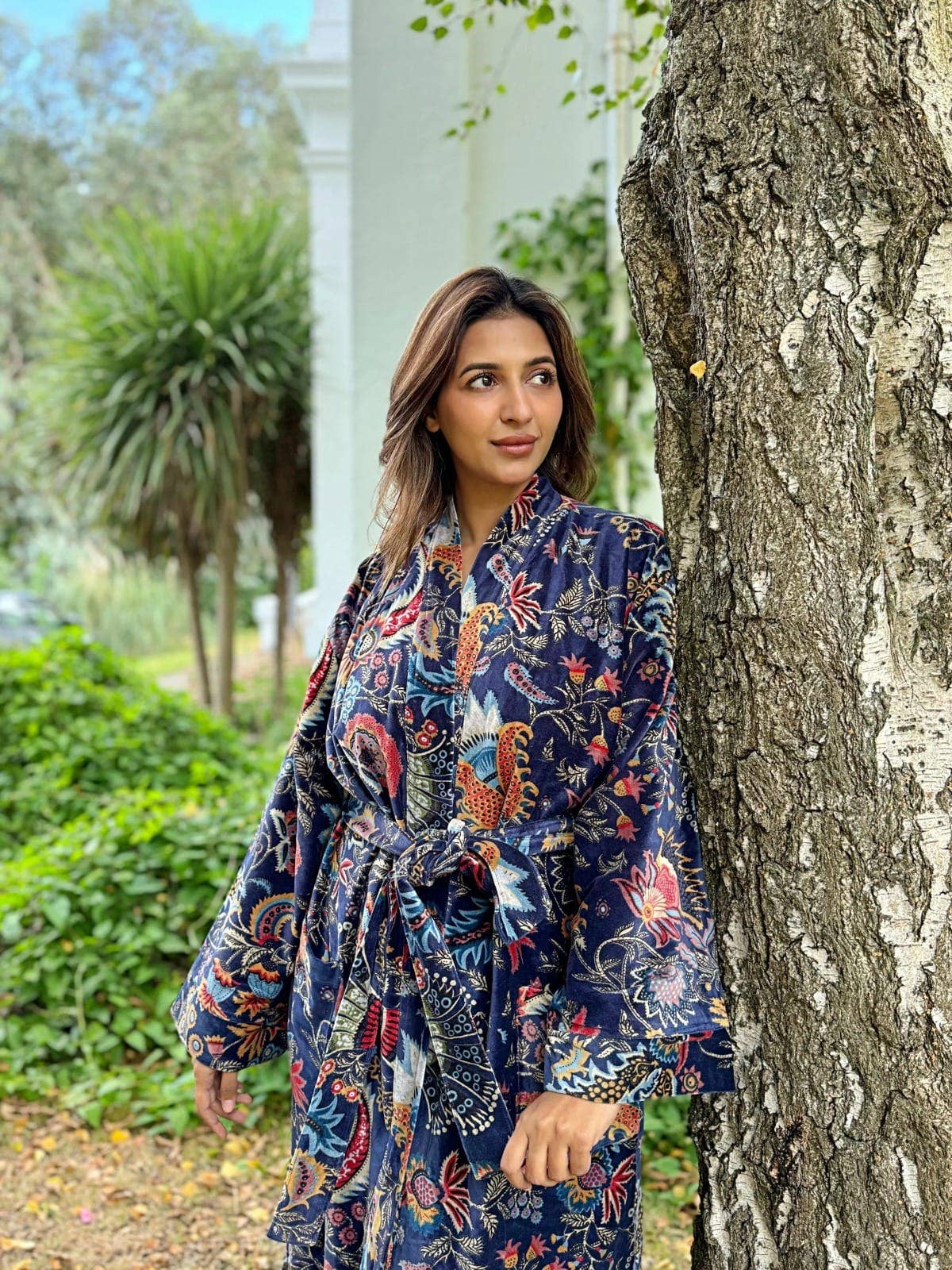 Deep Blue Luxurious Printed Velvet Robe, fully lined