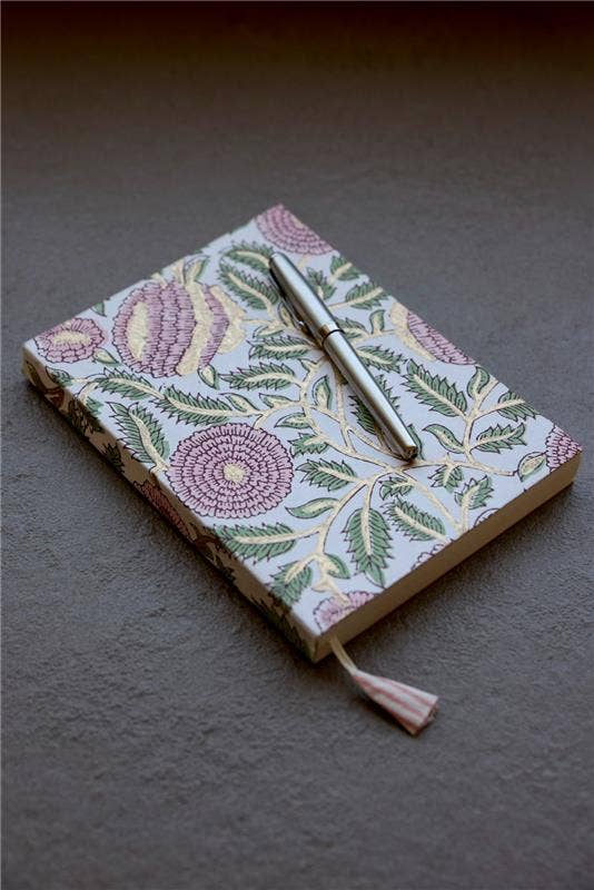 Hand Block Printed Ruled Notebook A5 – Marigold Glitz Blush