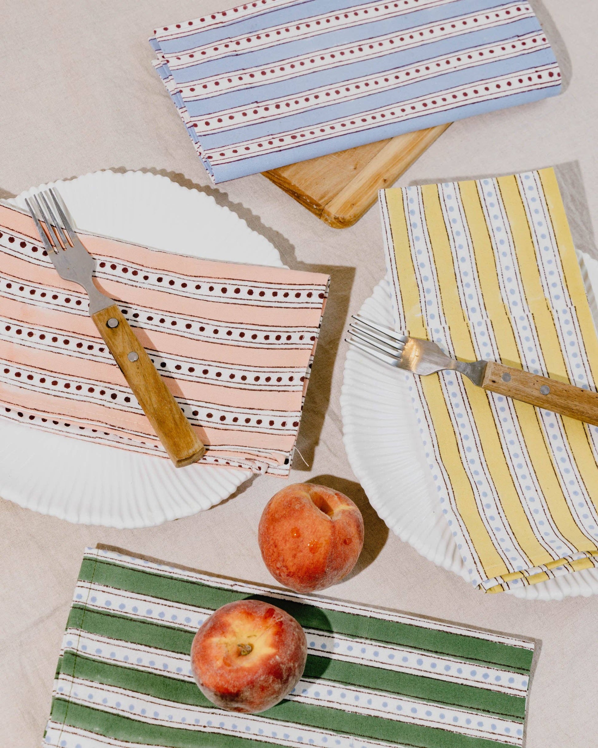 Mini Stripe & Spot Block Print Napkins: Blush pink stripe with burgundy spots - set of 4