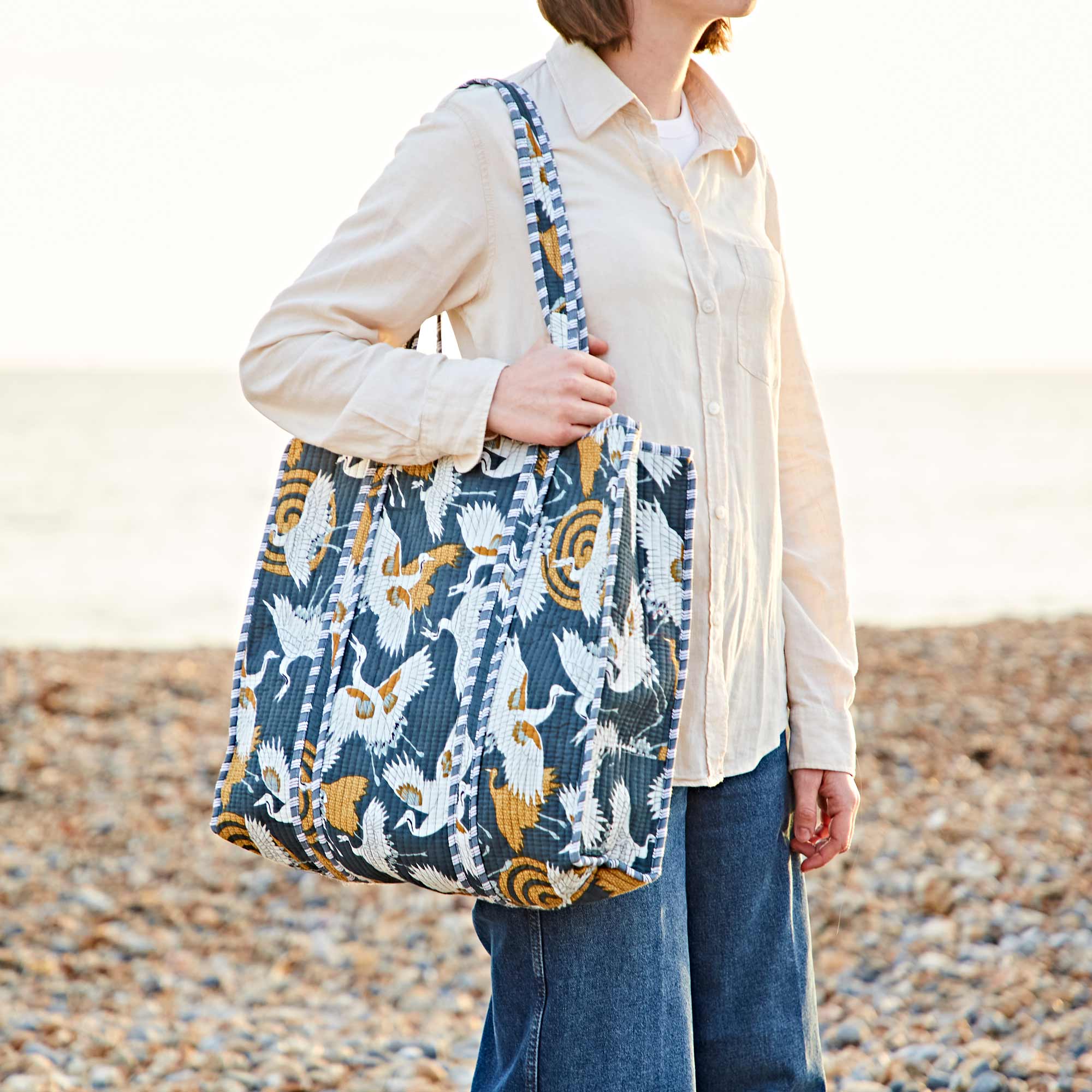 Stork Print Quilted Cotton Tote Bag