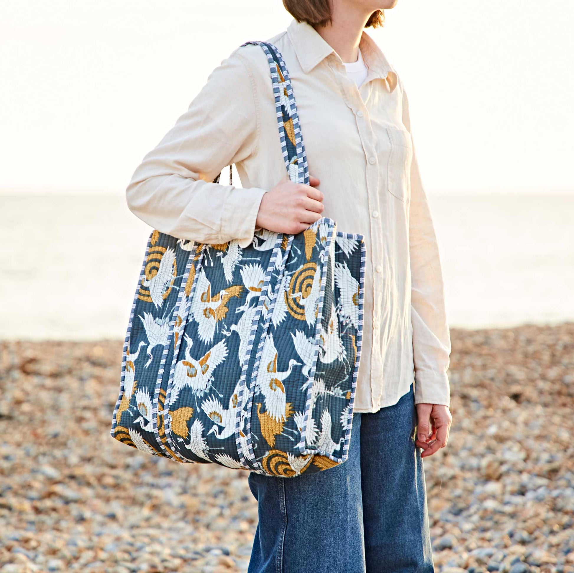 Stork Print Quilted Cotton Tote Bag