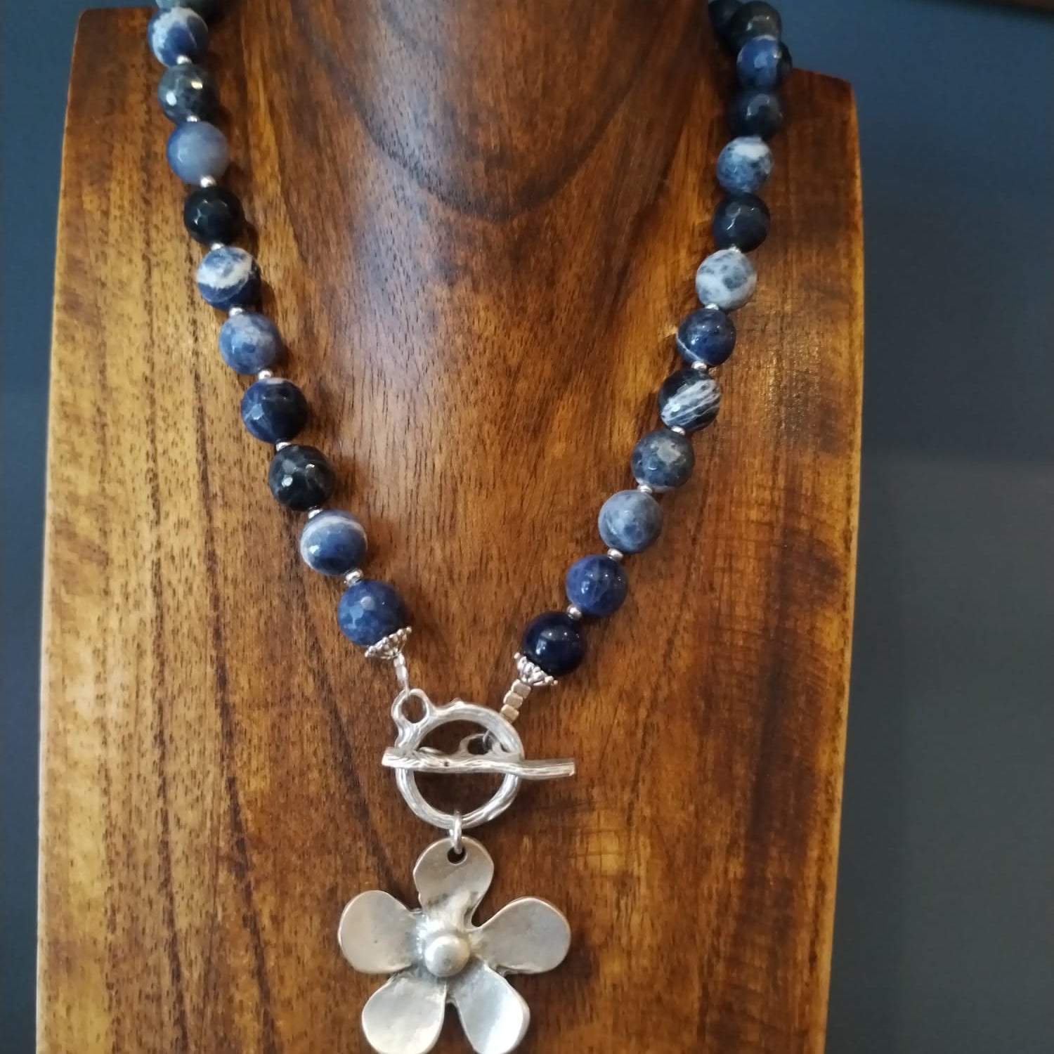Blue Sodalite Necklace with Silver Flower Charm