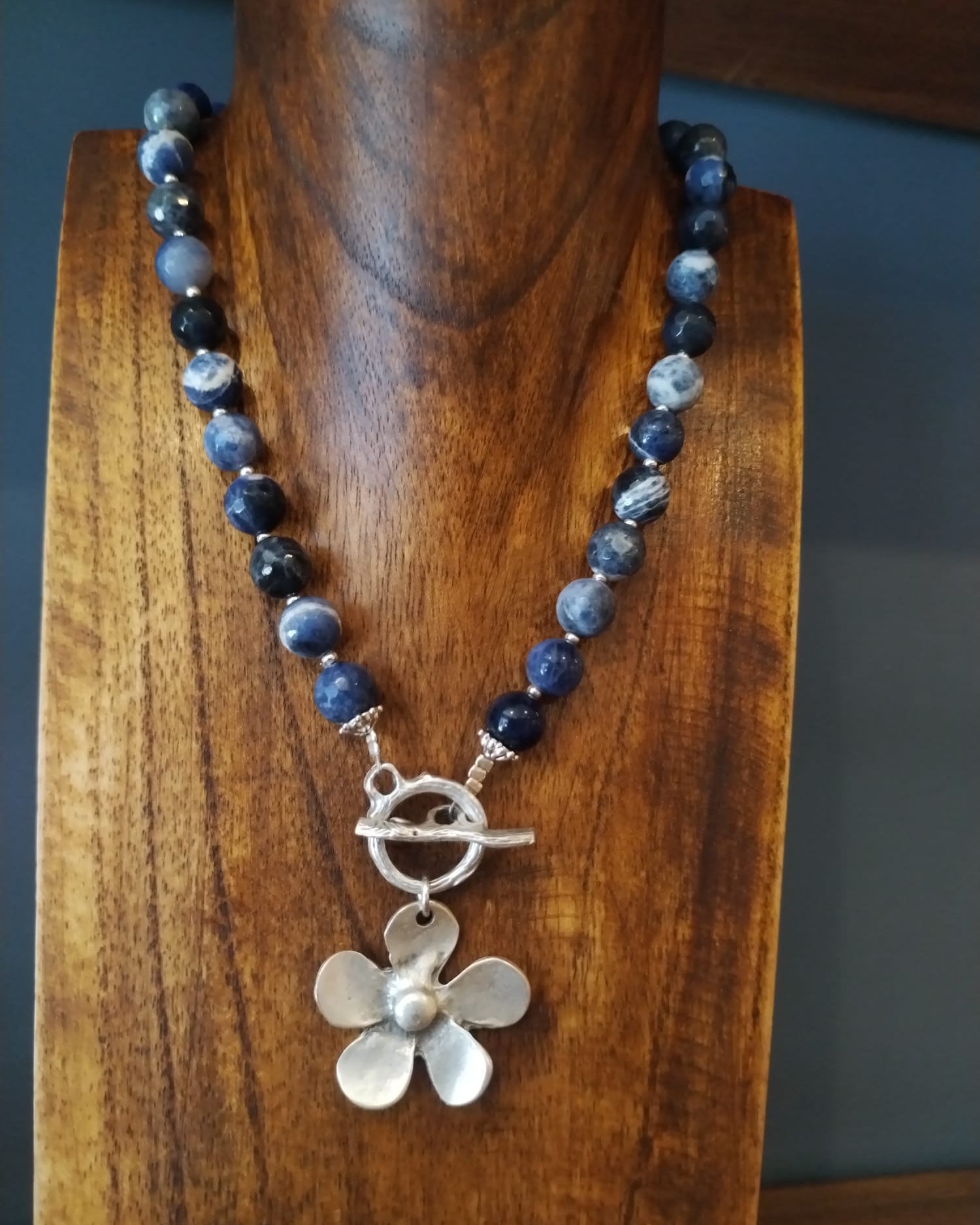 Blue Sodalite Necklace with Silver Flower Charm