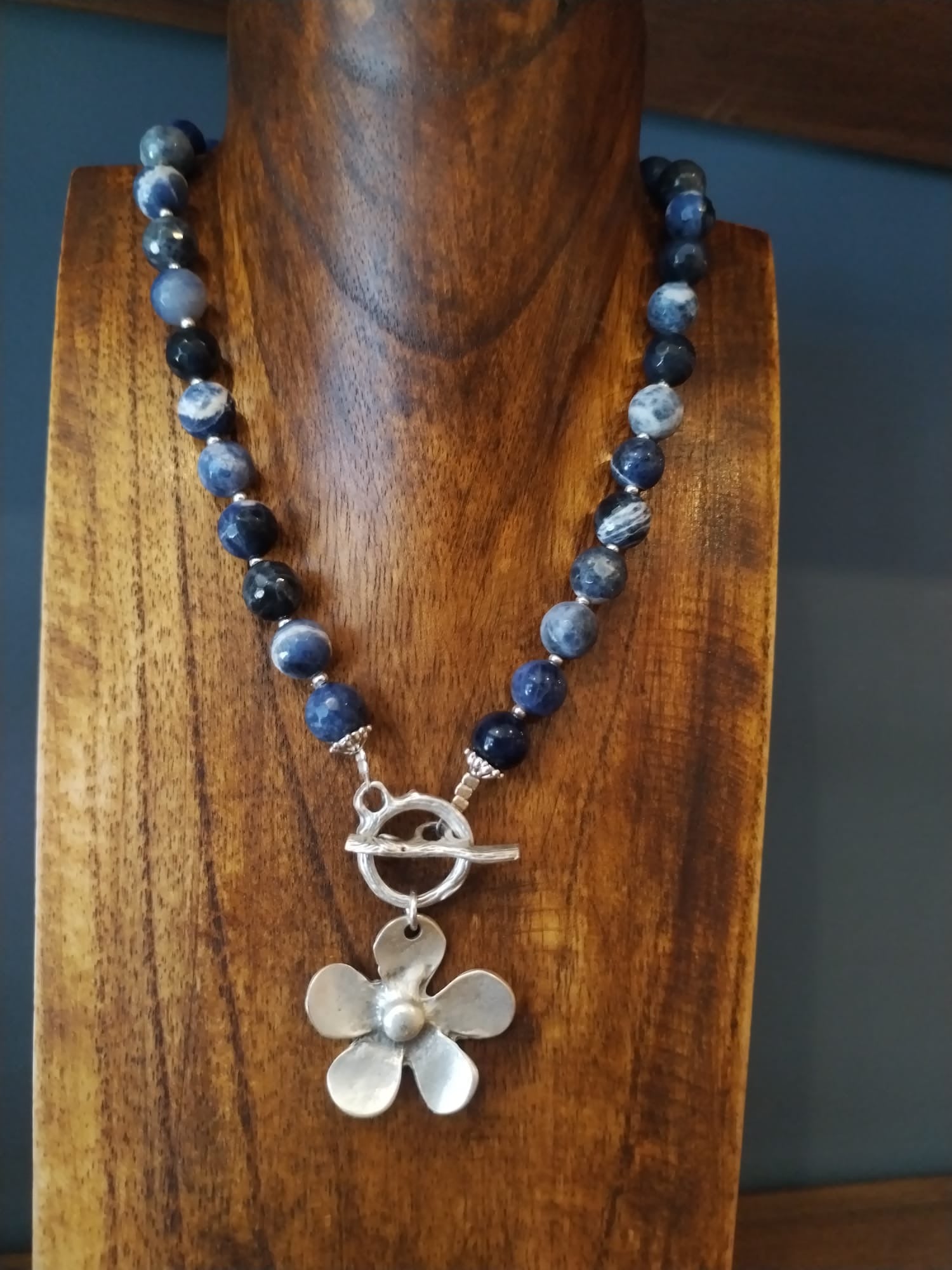 Blue Sodalite Necklace with Silver Flower Charm