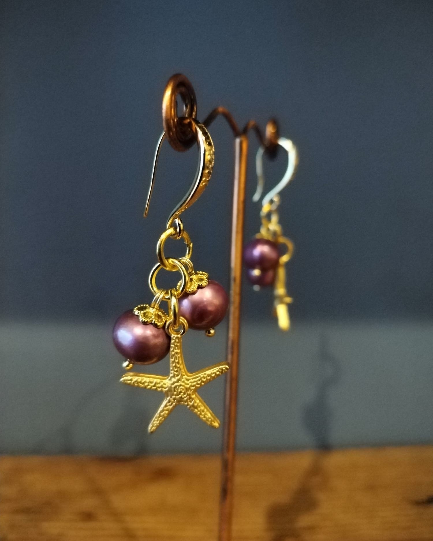Gold and Plum Coloured Pearl Earrings, with Starfish Charm