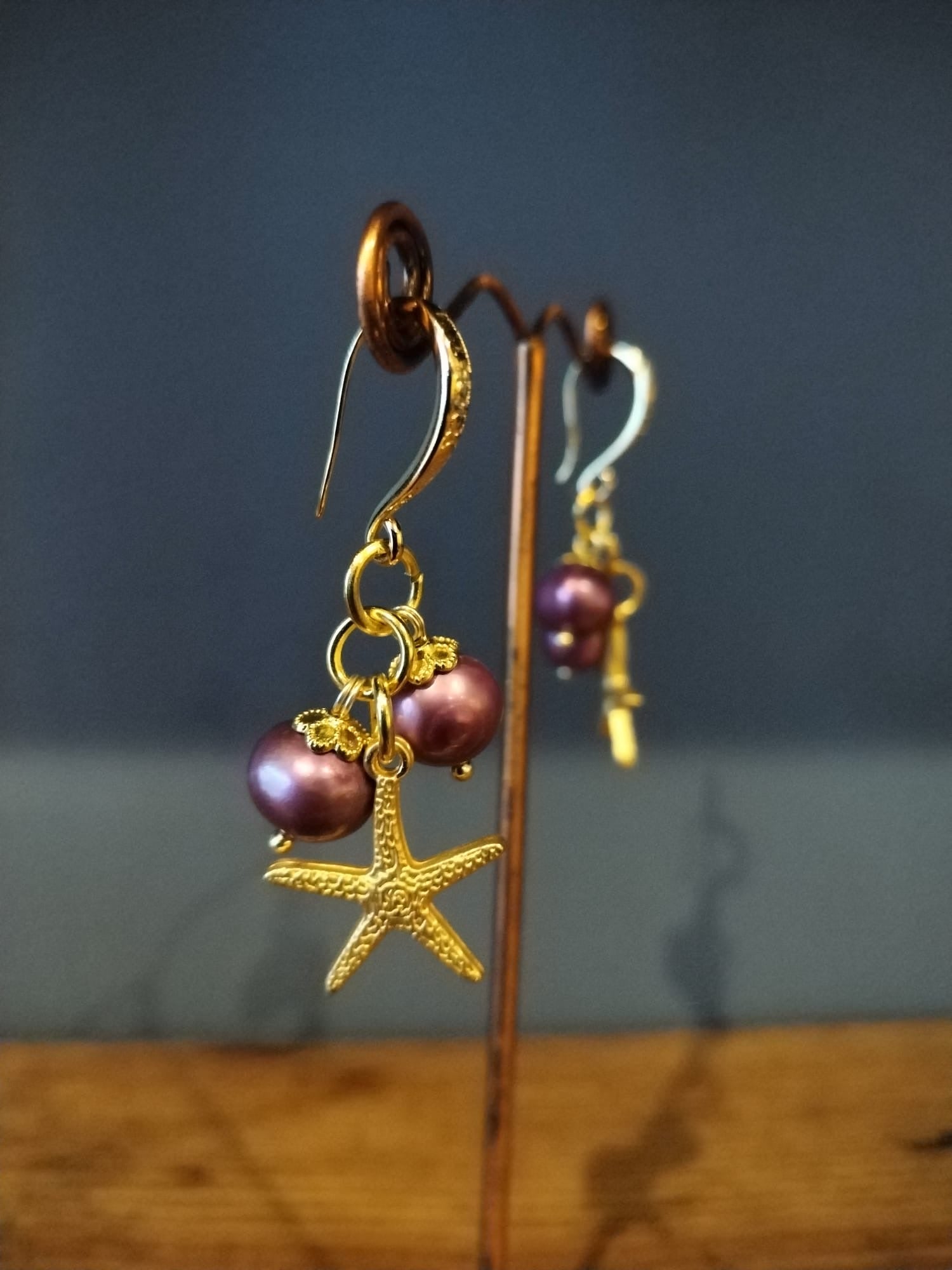 Gold and Plum Coloured Pearl Earrings, with Starfish Charm