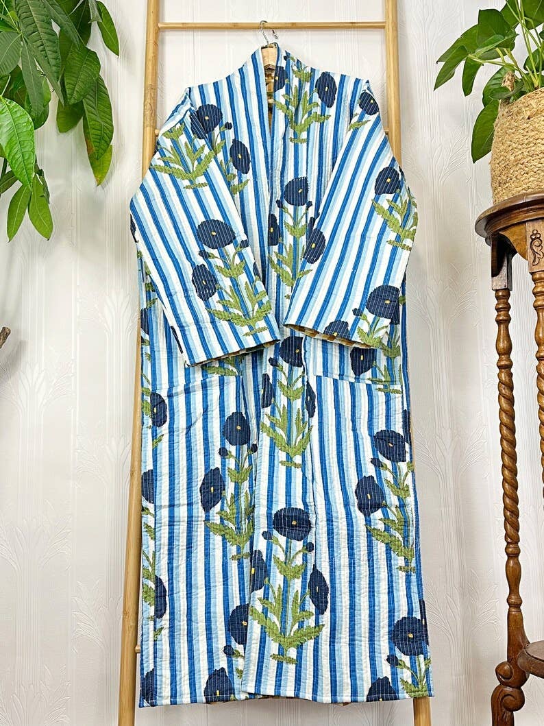 Quilted Cotton Reversible blue & yellow  floral Kimono Robe UK 10 16
