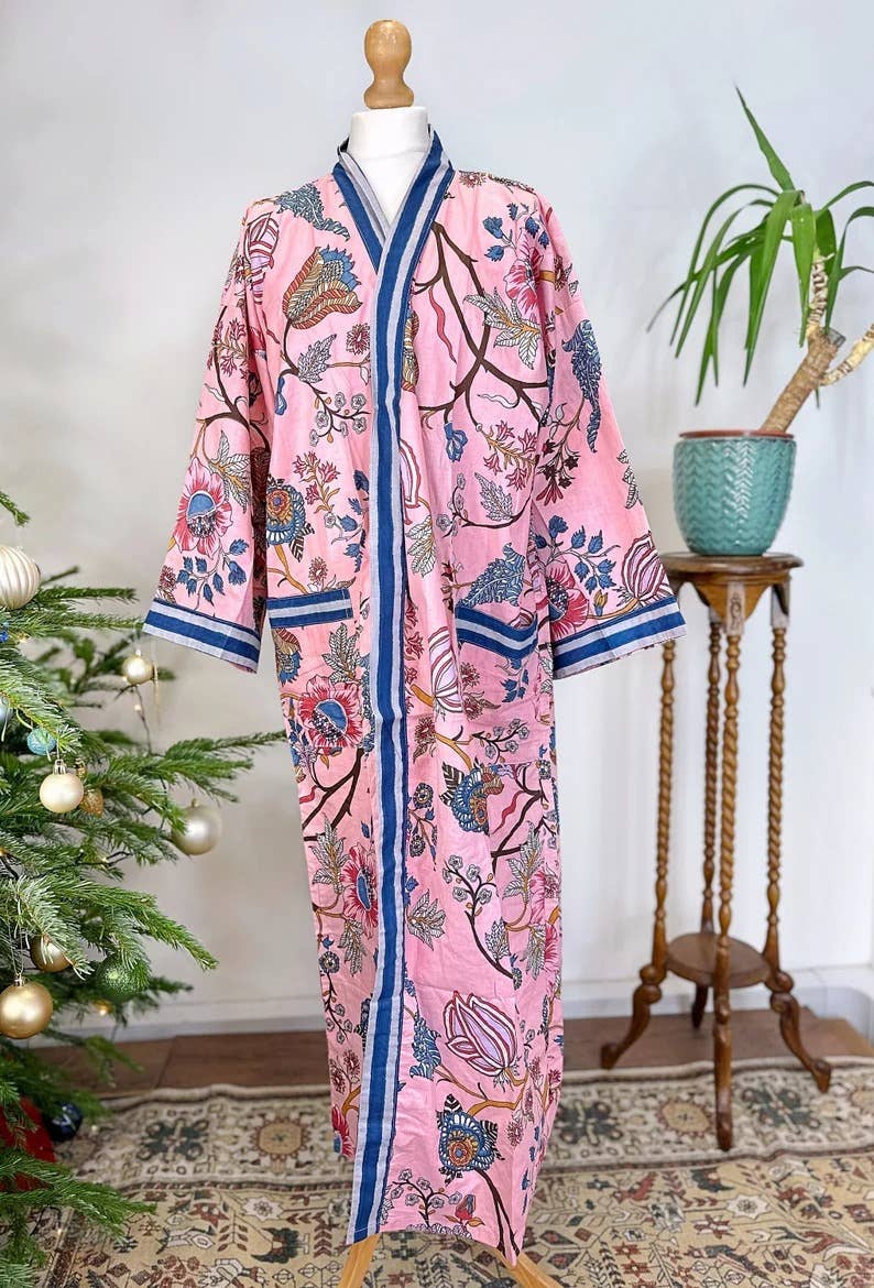 Cotton Kimono Robe Pink &  Blue Paradise Stripe UK 10 18