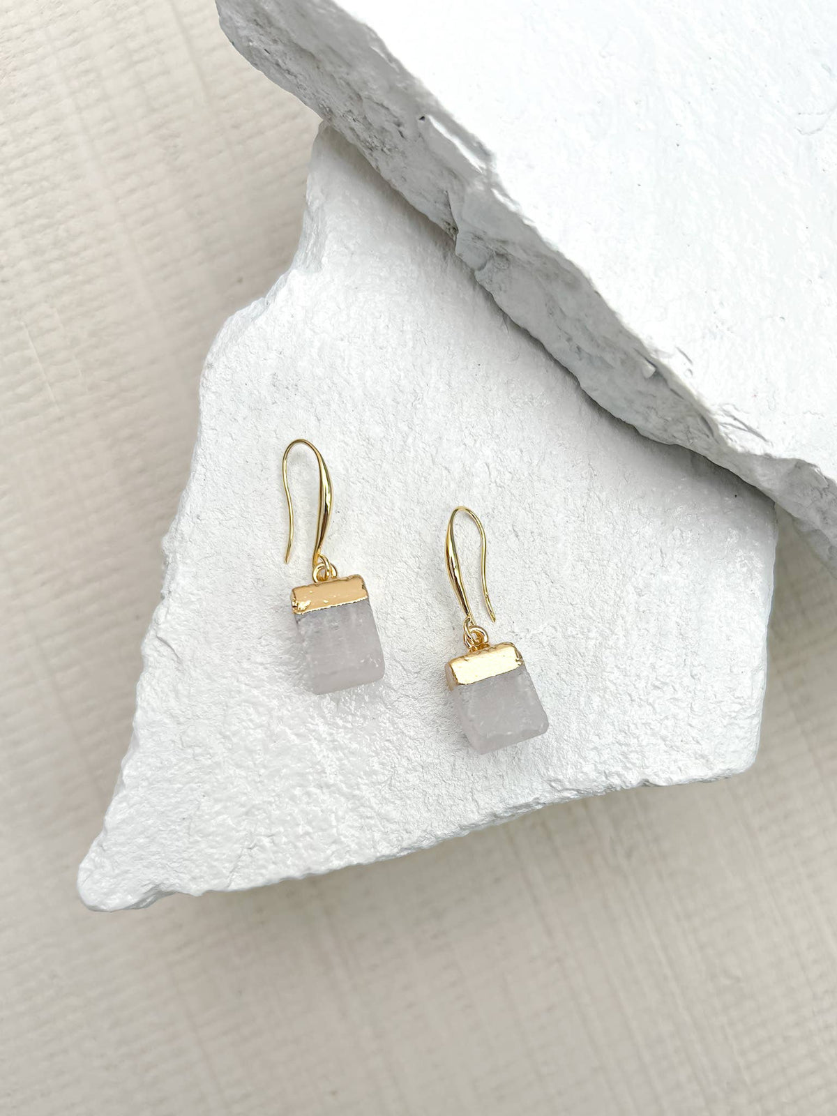 Quartz Cube Gold Plated Gemstone Crystal Earrings