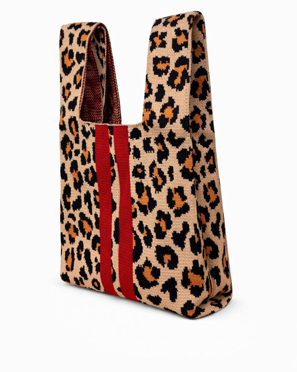 Leopard Print Knitted Knot Bag with Red Stripe Medium by Tokii