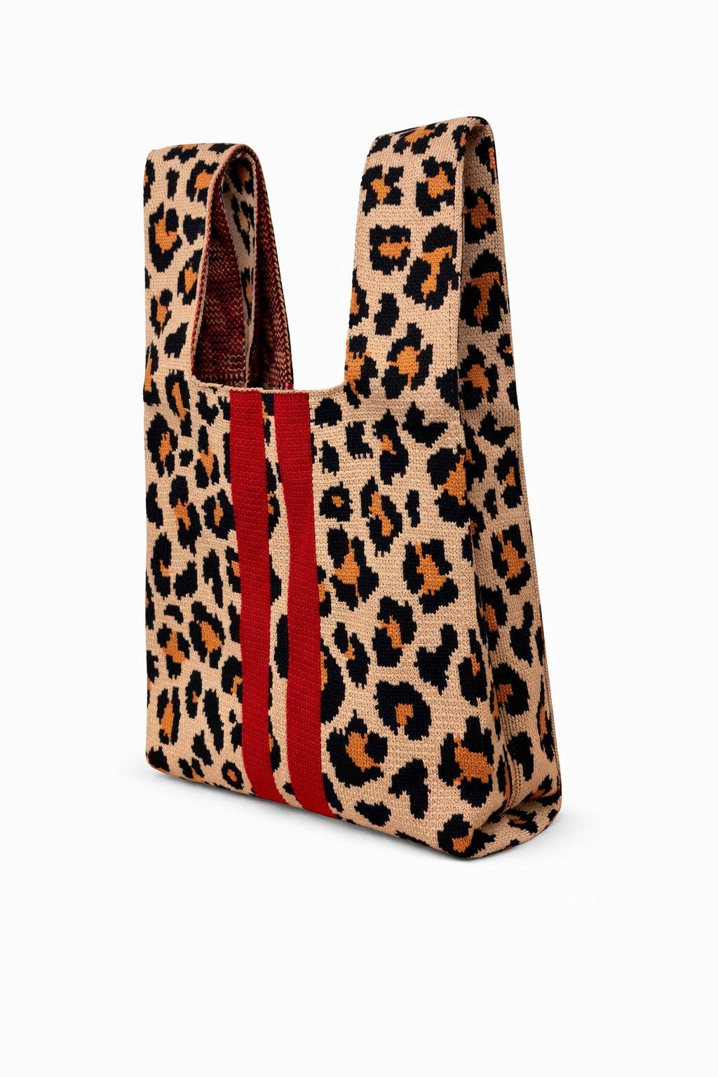 Leopard Print Knitted Knot Bag with Red Stripe Medium by Tokii