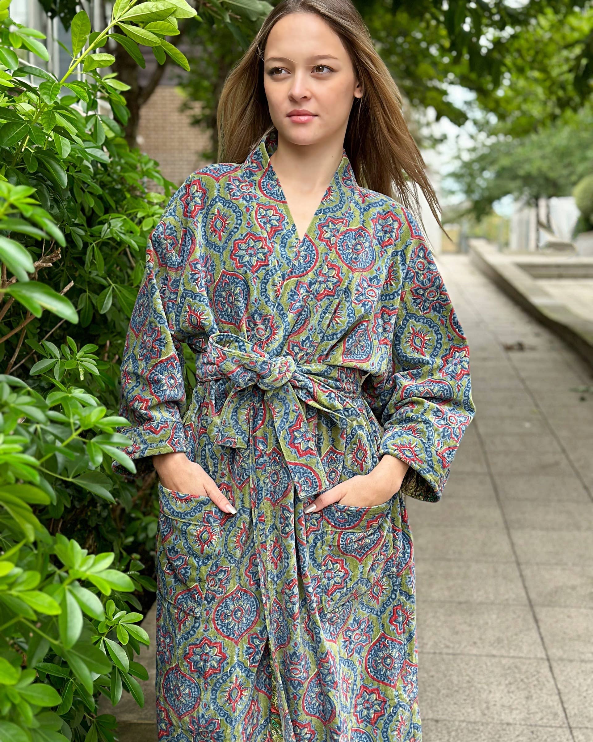 Luxury Velvet  Robe - Fresh Leaf Green Blue Mandala Geometric