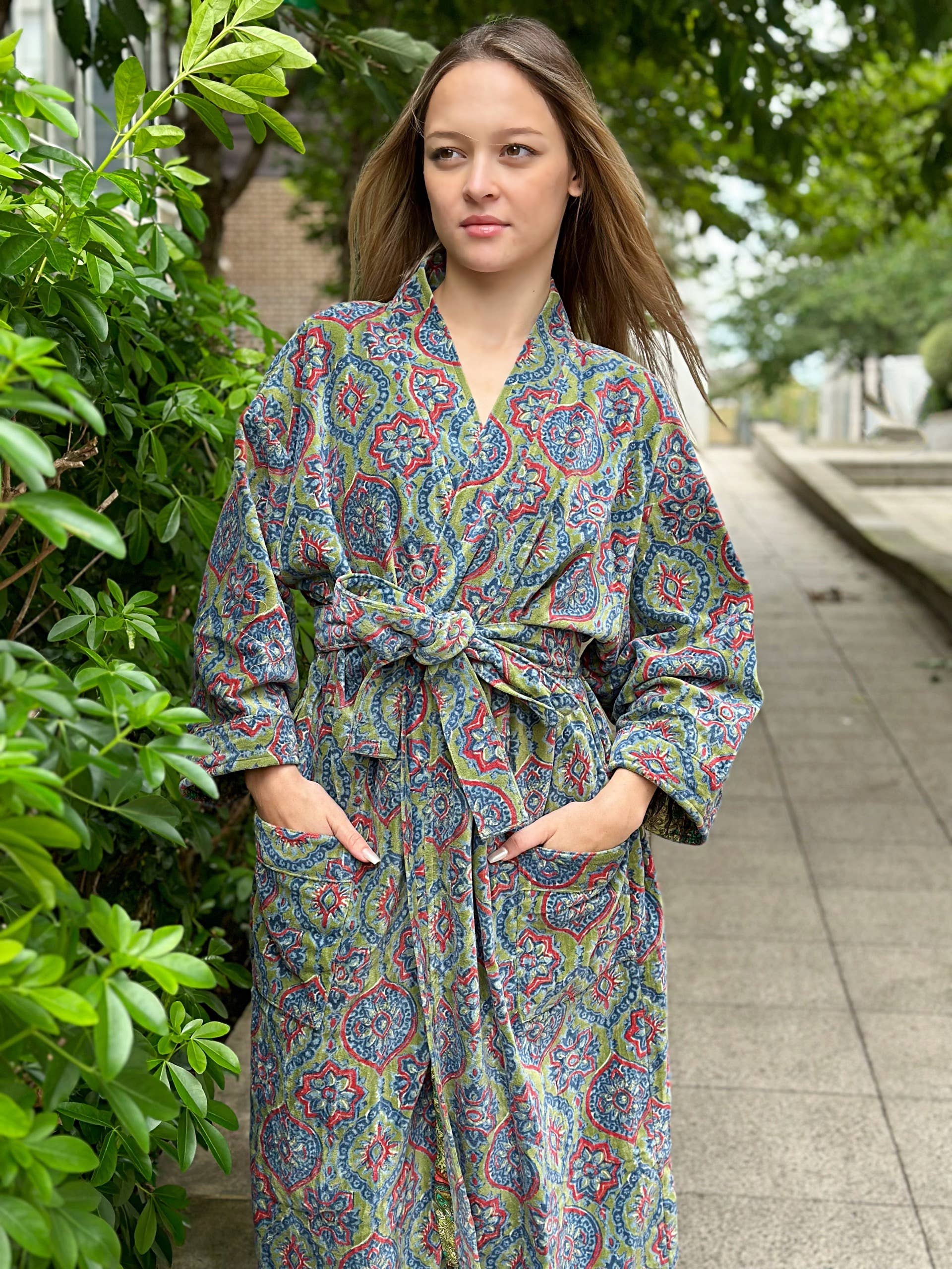 Luxury Velvet  Robe - Fresh Leaf Green Blue Mandala Geometric