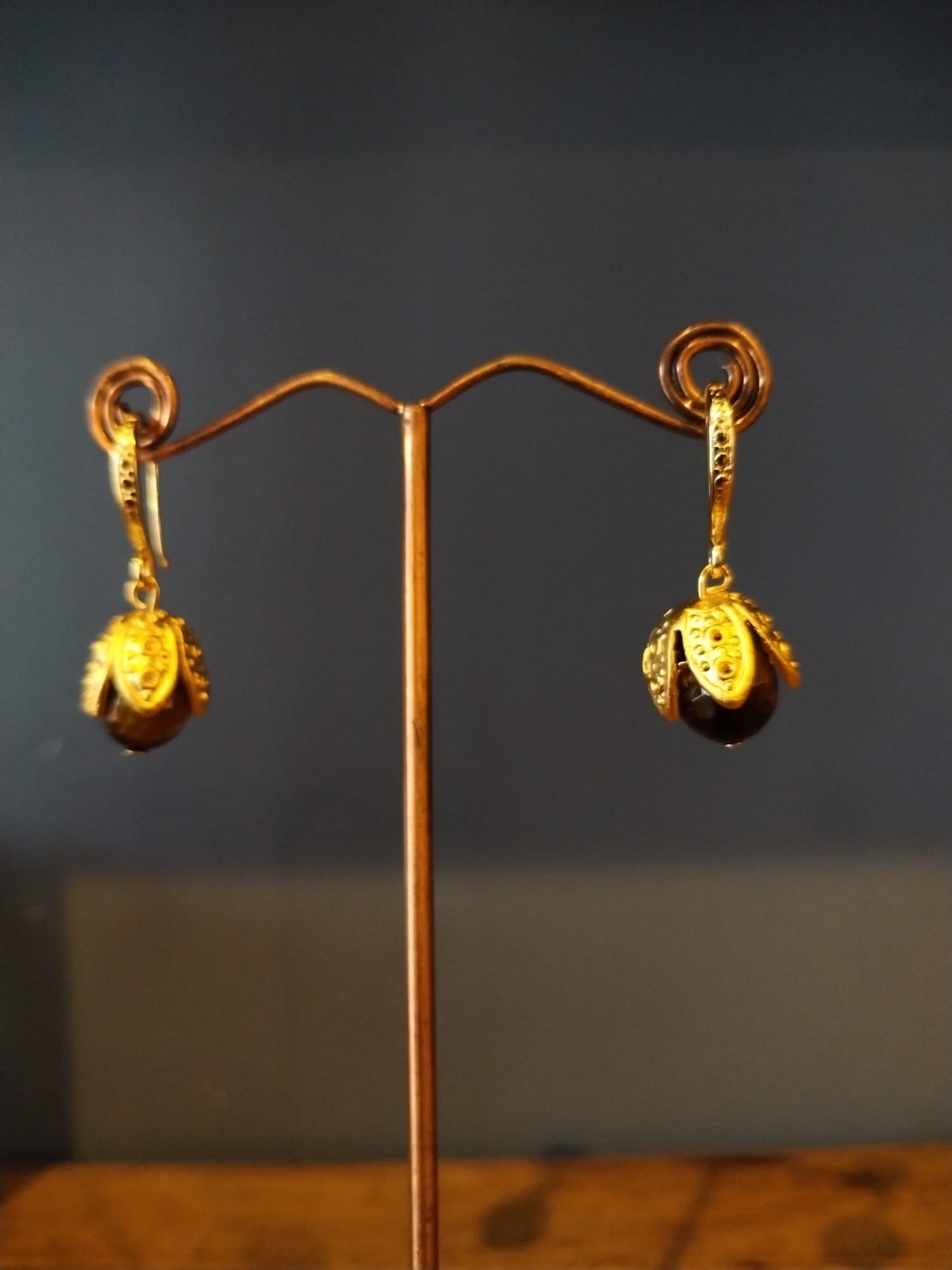 Tiger’s Eye & Gold Bud Drop Earrings