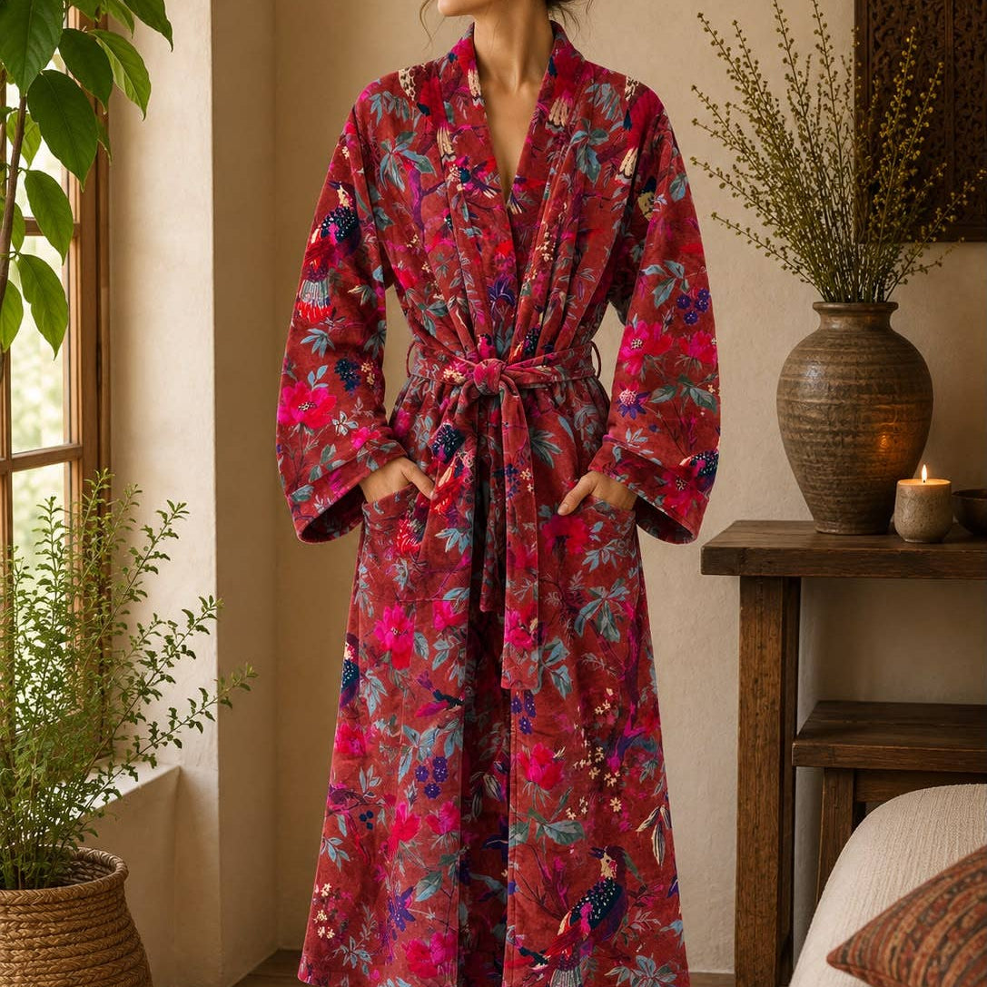 Wine red bird of paradise velvet long robe