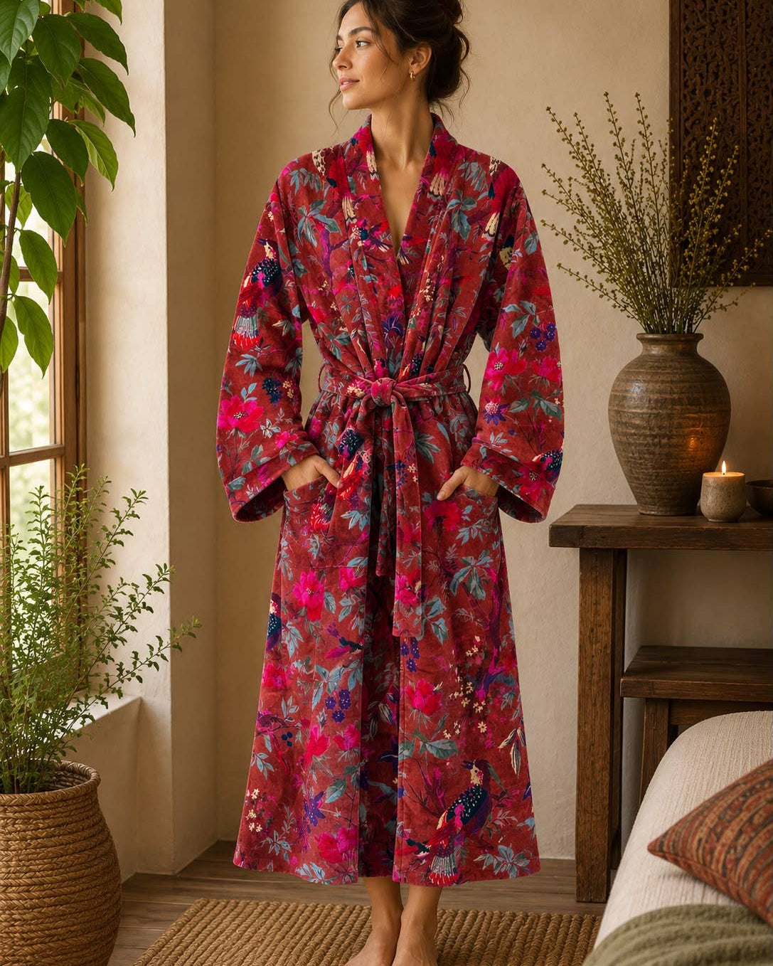 Wine red bird of paradise velvet long robe