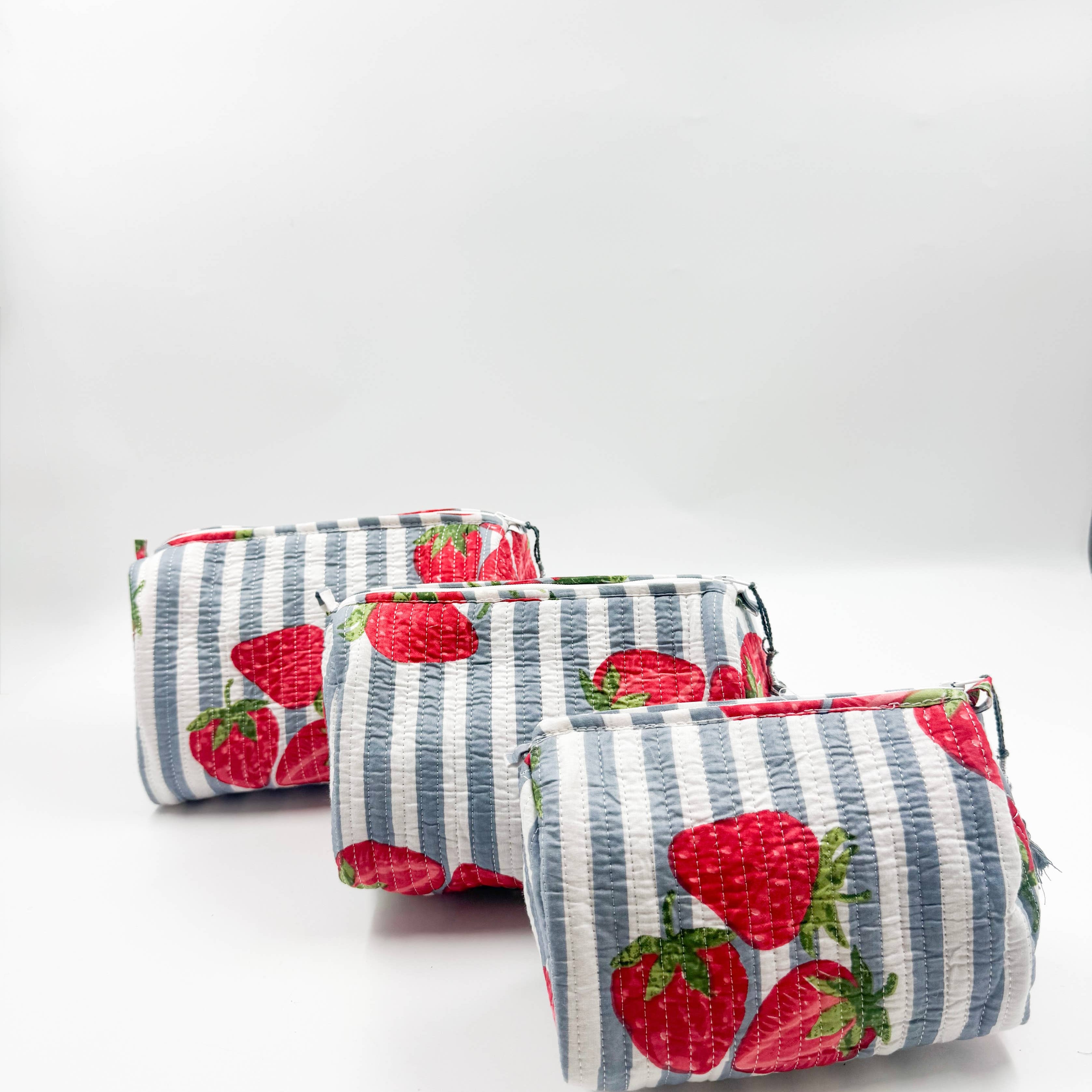 Set of Three Quilted Wash Bags with Blue Stripe Strawberry Print