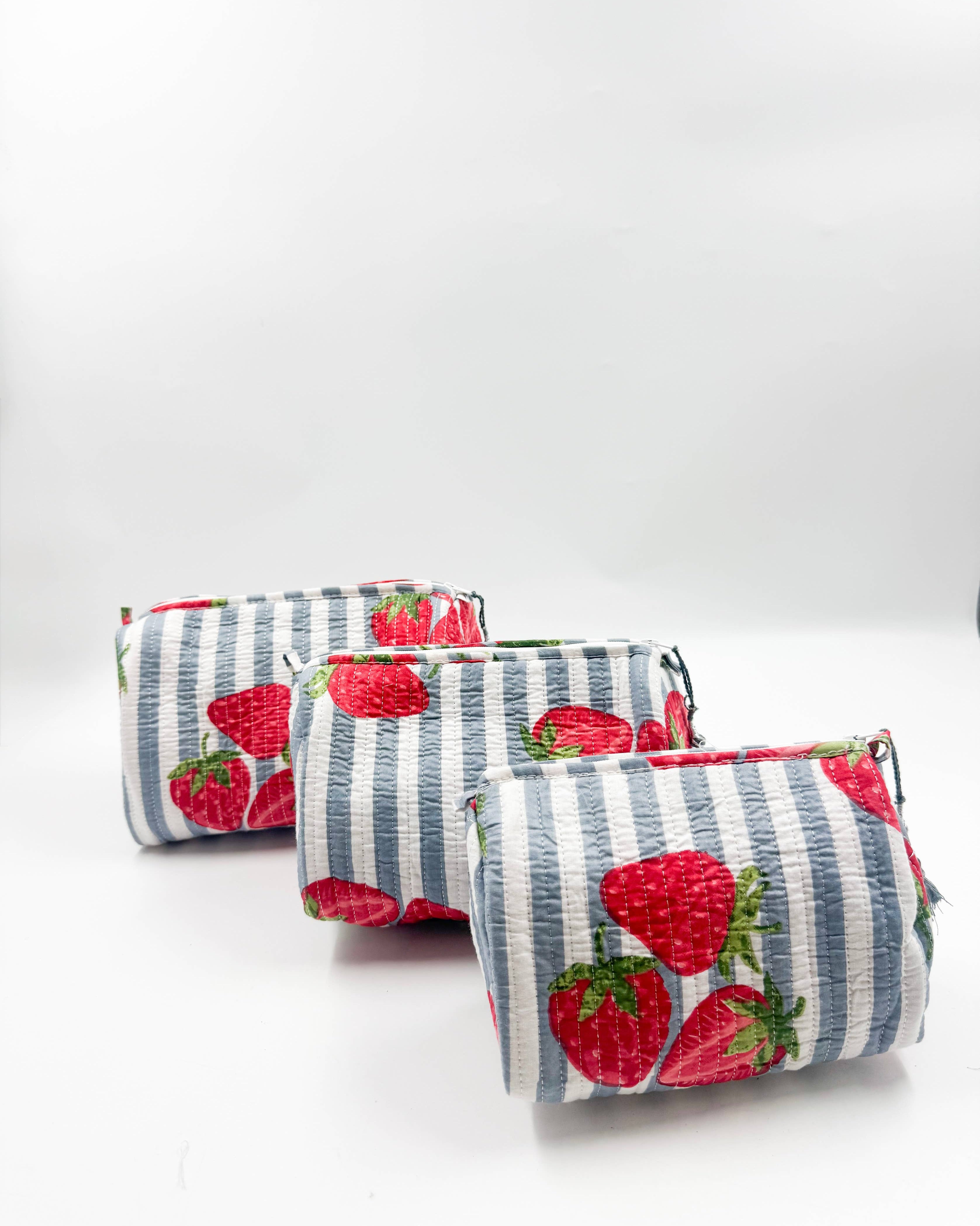 Set of Three Quilted Wash Bags with Blue Stripe Strawberry Print