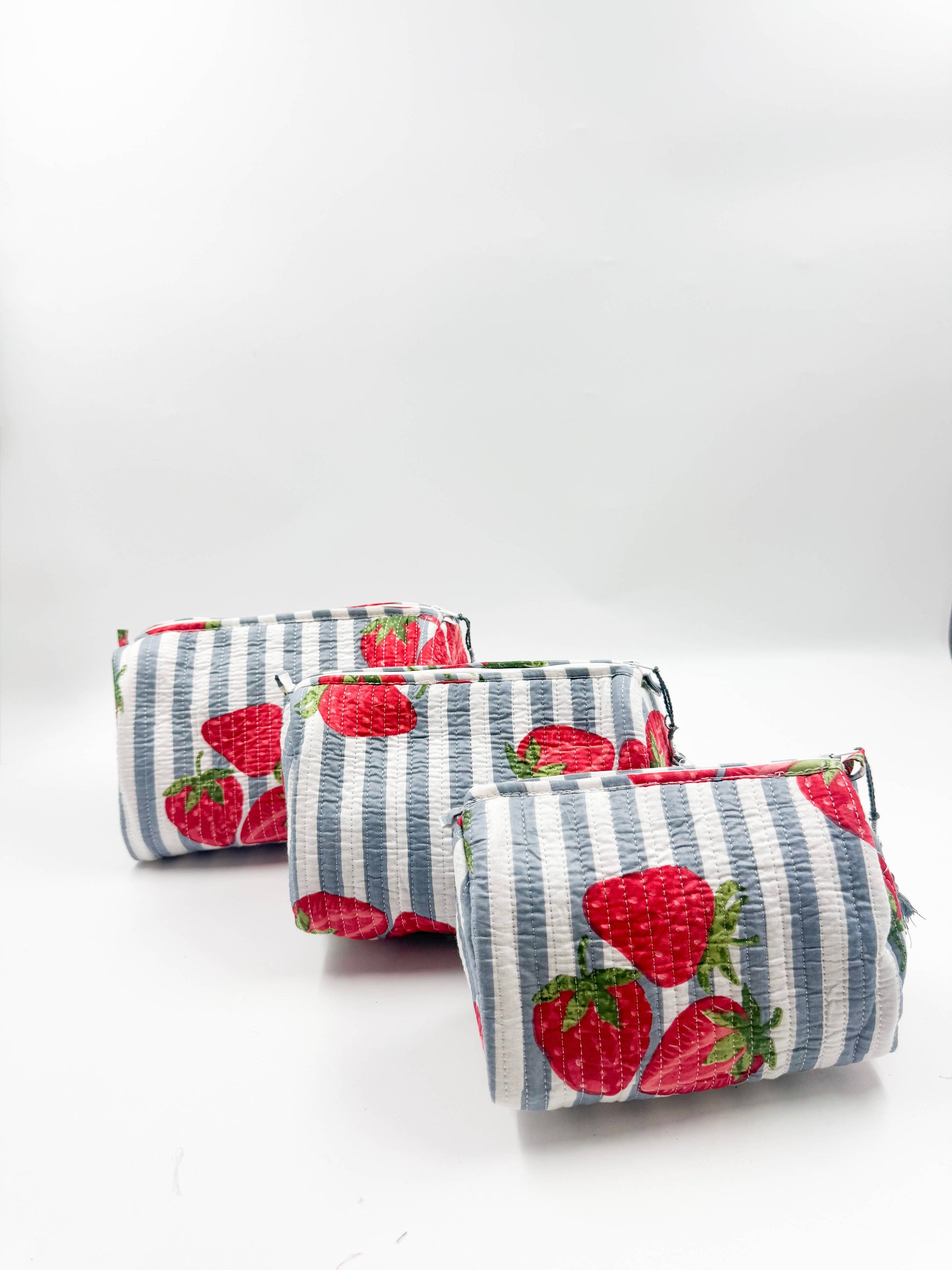 Set of Three Quilted Wash Bags with Blue Stripe Strawberry Print