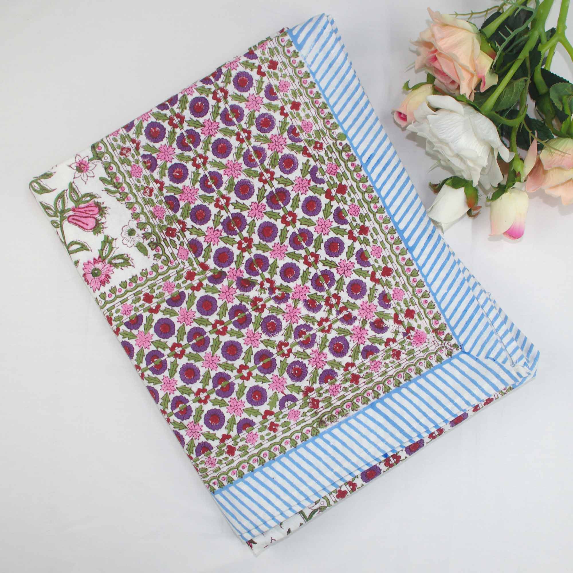 10 Seater Block Printed Tablecloth with Pink Floral Jaal Design