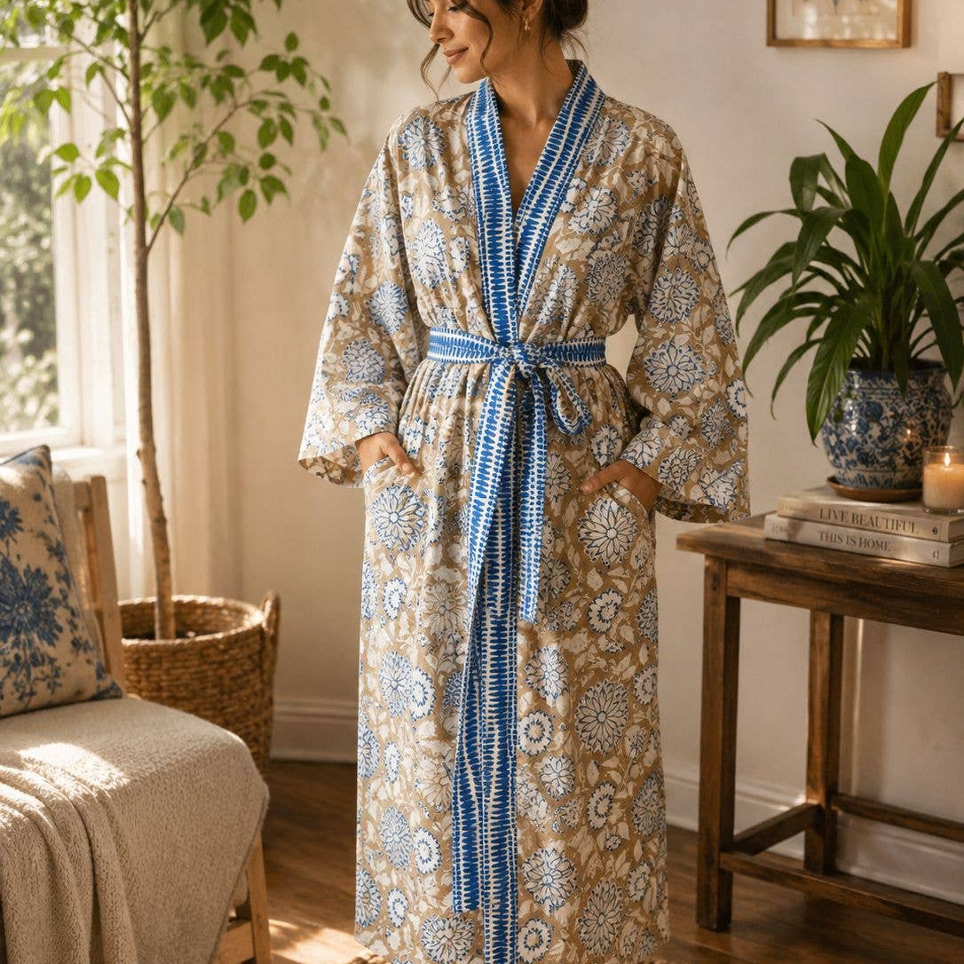 Blue & Sand Floral Hand-Block Printed Cotton Robe