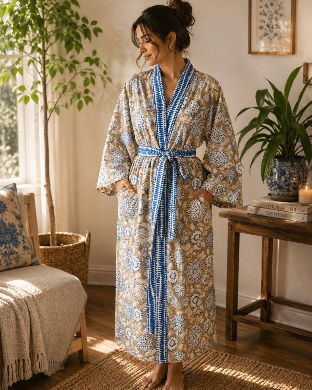 Blue & Sand Floral Hand-Block Printed Cotton Robe