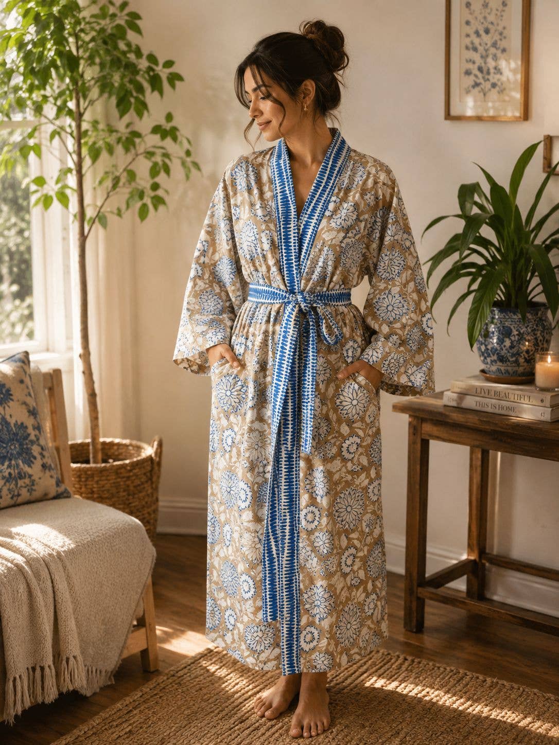 Blue & Sand Floral Hand-Block Printed Cotton Robe
