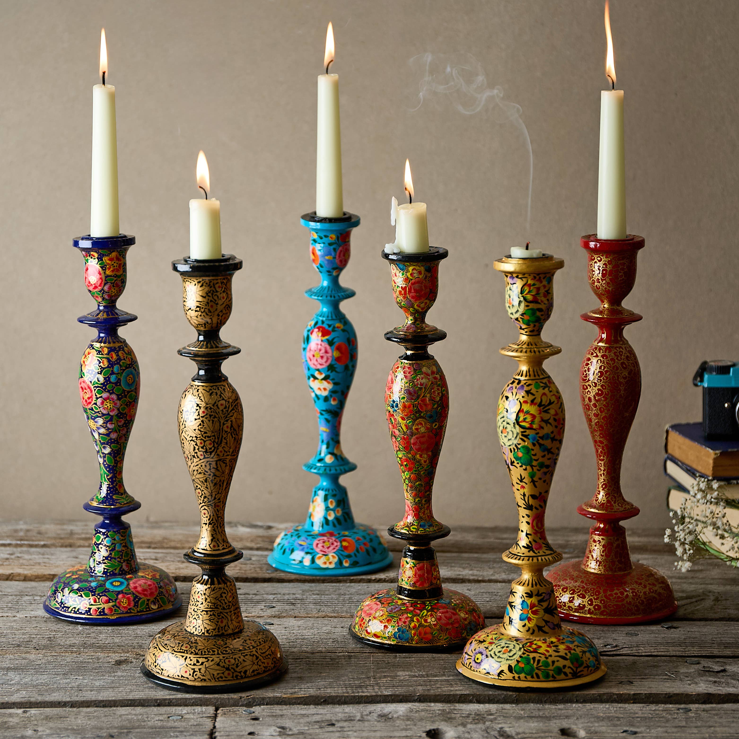 Wooden Candle Stick Holder 12" | Gold Floral
