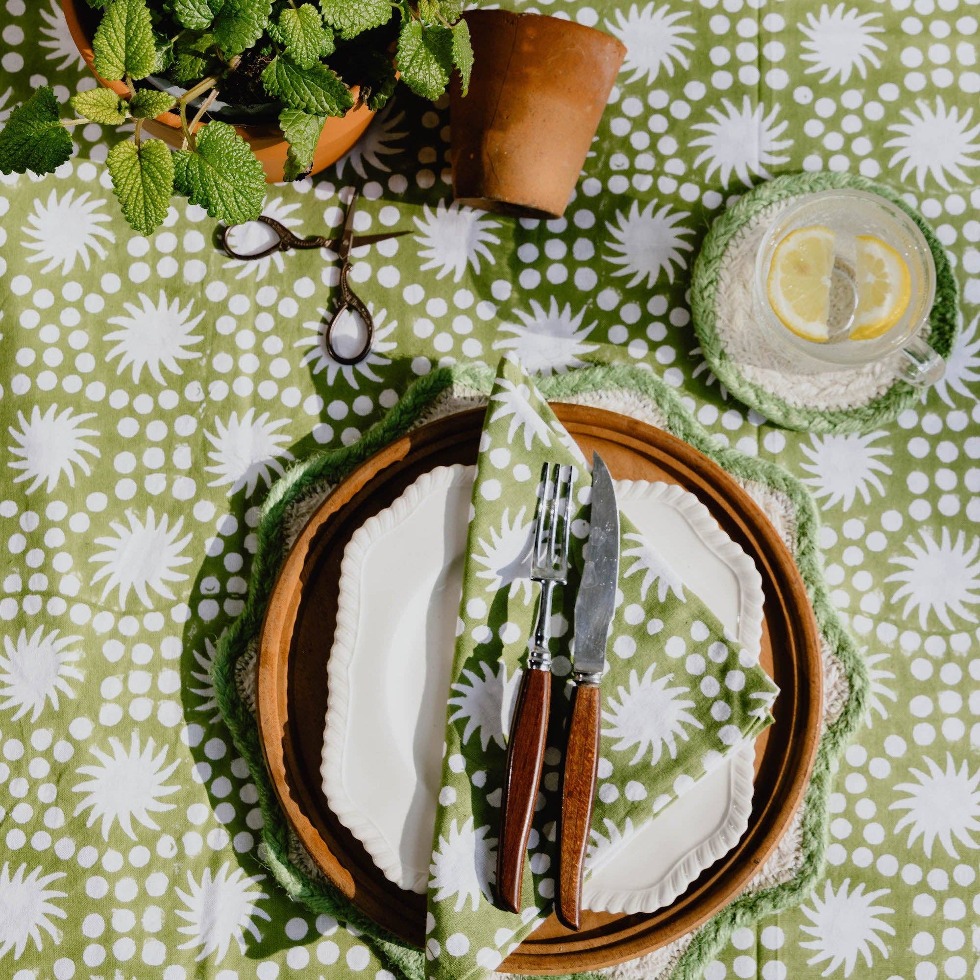 Sunburst Block Print Tablecloth Olive Green Cotton 180 x 280 cm