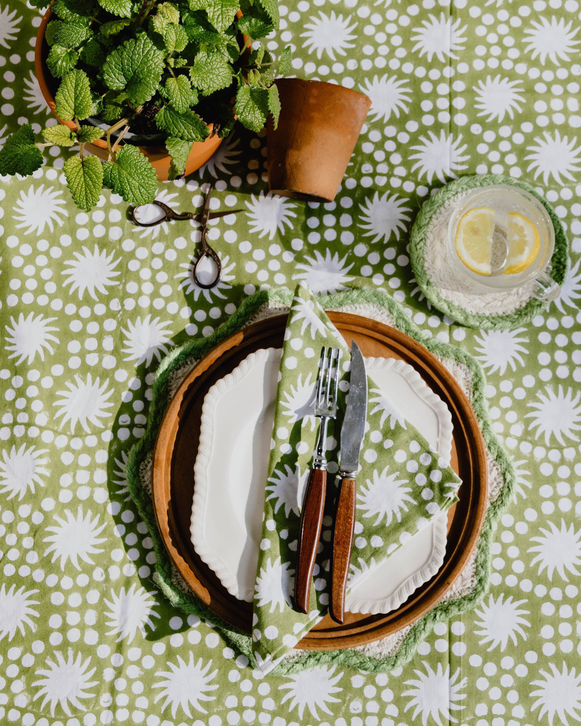 Sunburst Block Print Tablecloth Olive Green Cotton 180 x 280 cm