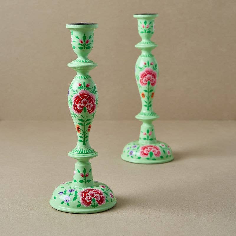 Pale Green Floral Wooden Candlestick Holder, Hand-Painted Kashmiri, 12 Inch