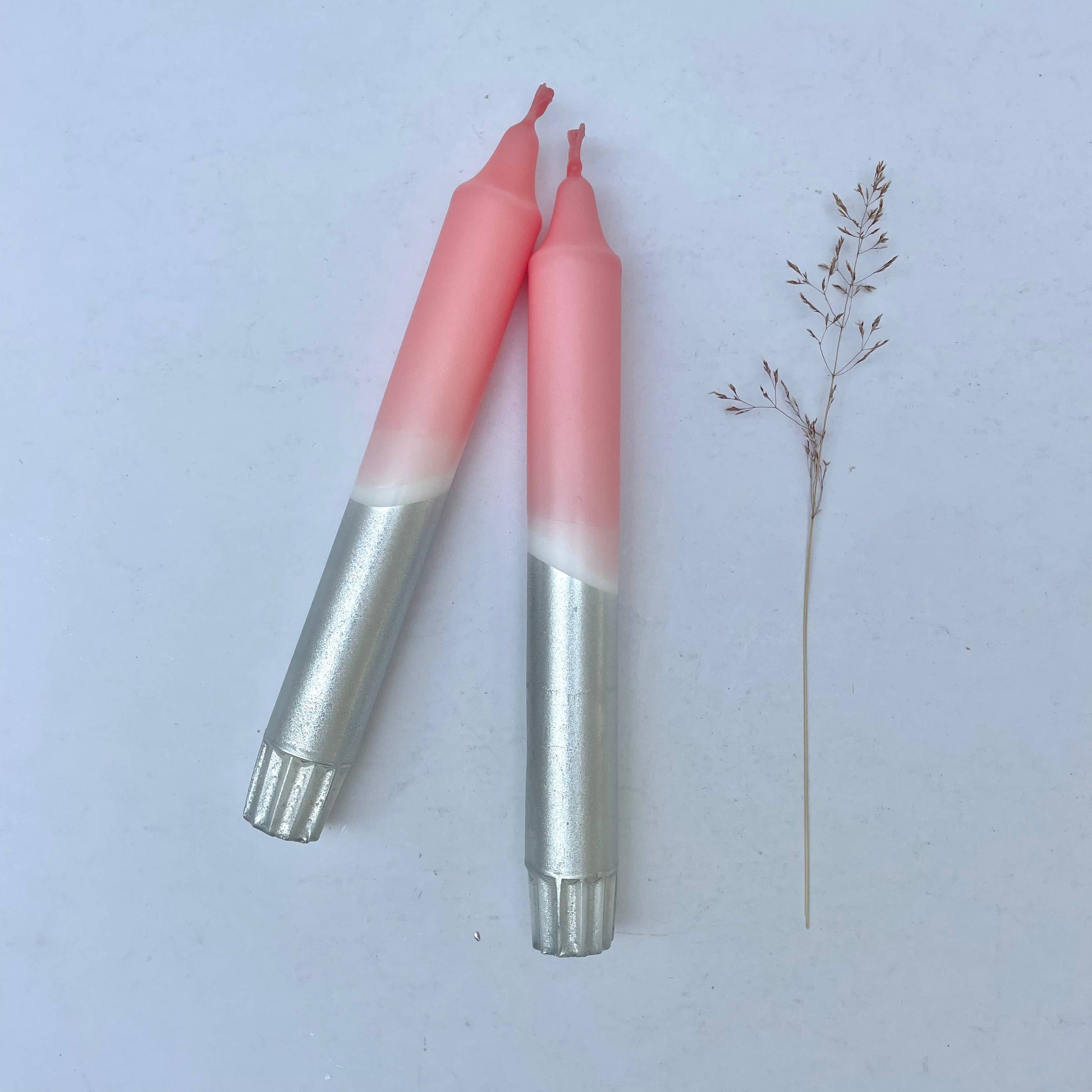 Sherbert Pink & Silver Dip Dyed Dinner Candles