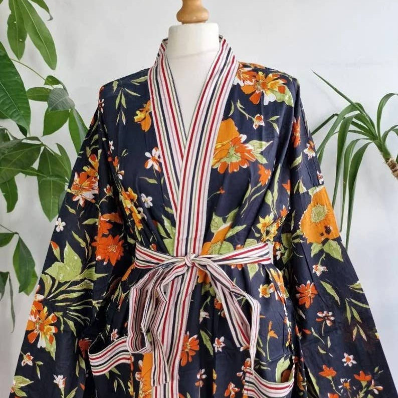 Plus Size Cotton Kimono Robe Black Orange Gardenia Bloom UK 18 24