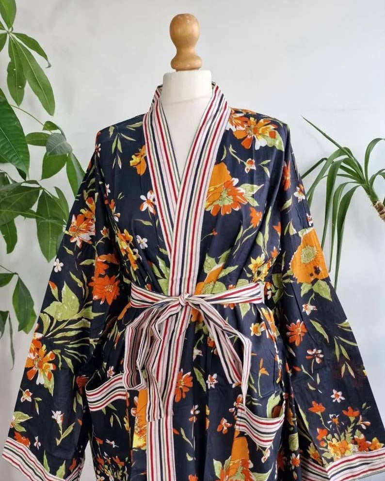 Plus Size Cotton Kimono Robe Black Orange Gardenia Bloom UK 18 24