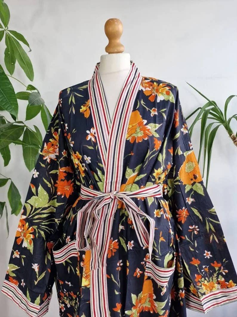 Plus Size Cotton Kimono Robe Black Orange Gardenia Bloom UK 18 24
