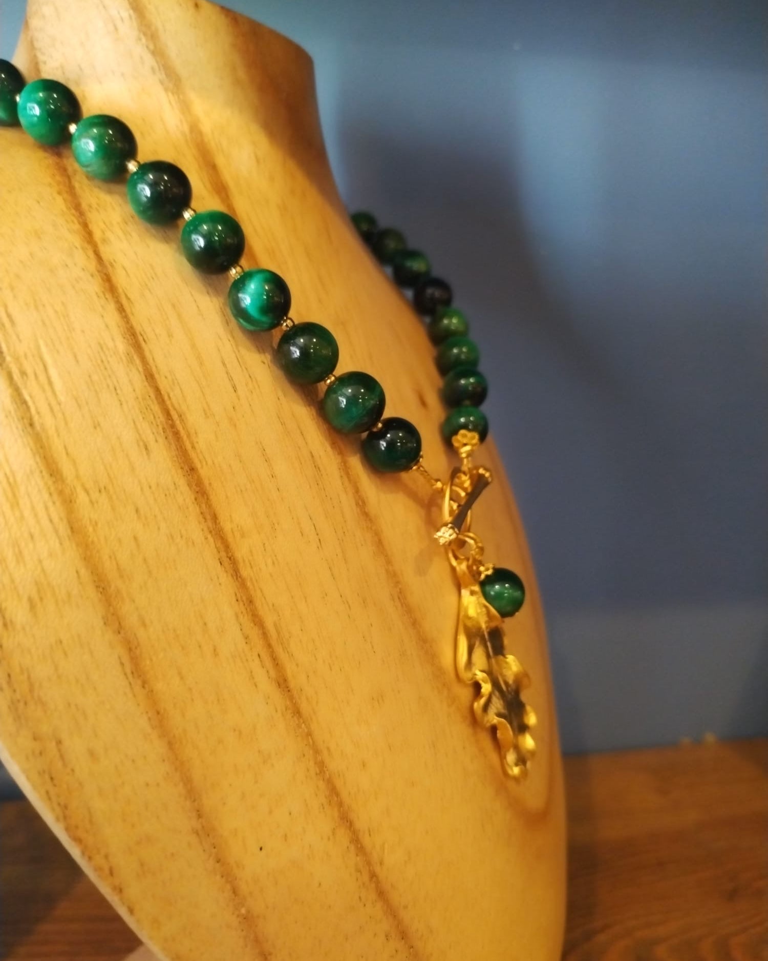 Green Tiger’s Eye Necklace with Gold Oak Leaf