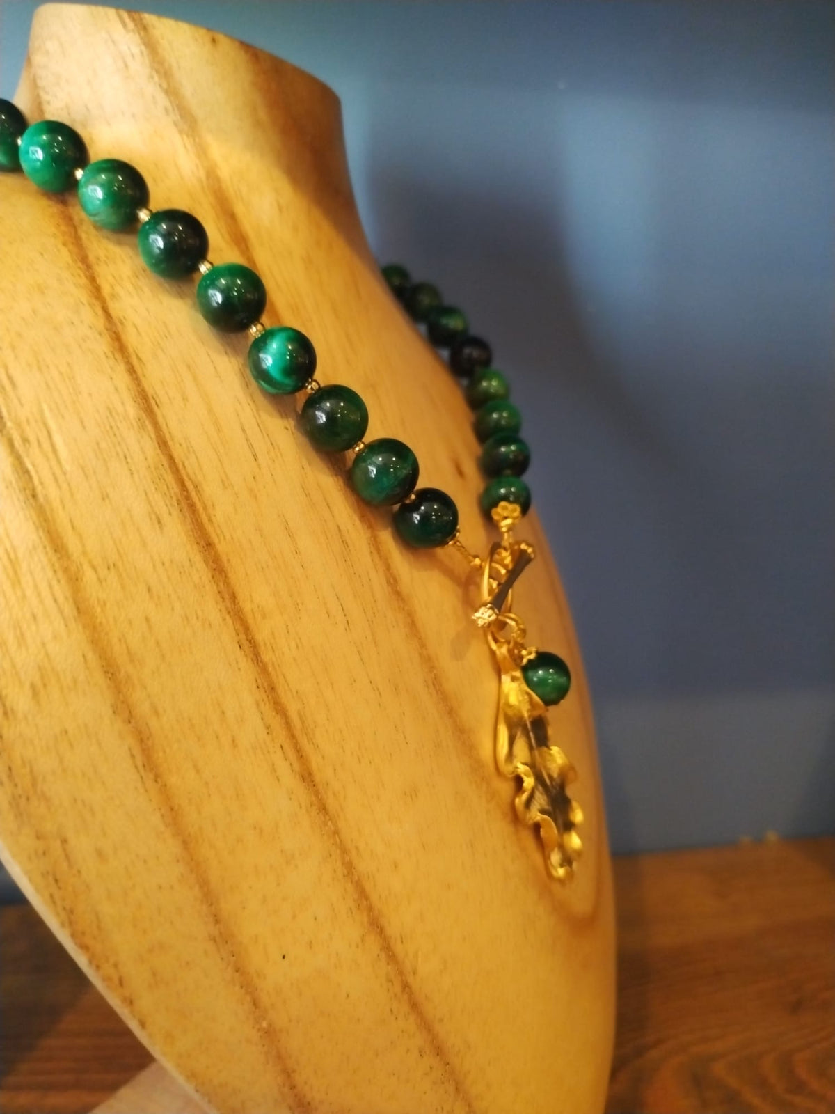Green Tiger’s Eye Necklace with Gold Oak Leaf
