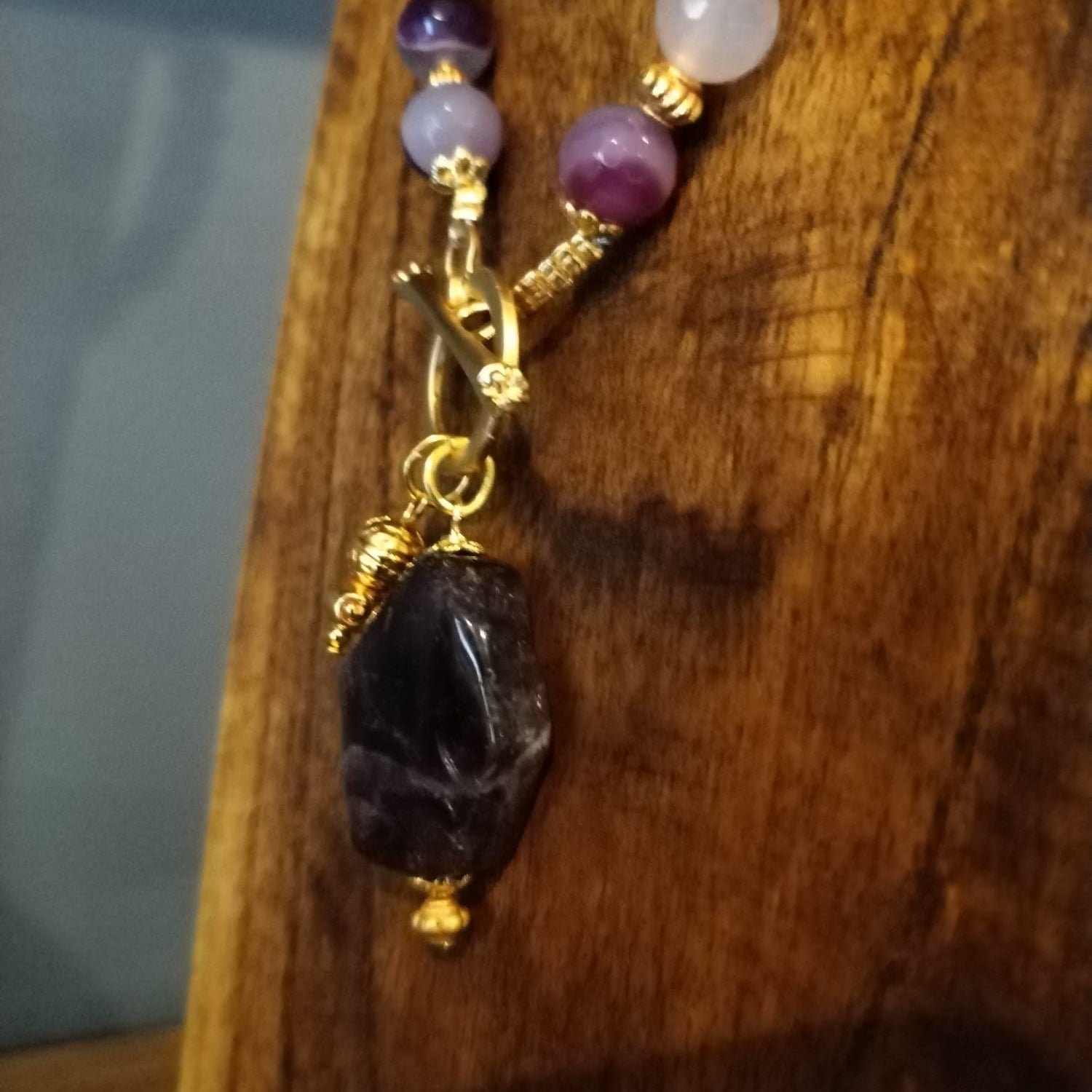 Agate with Amethyst  stone charm and Gold Necklace