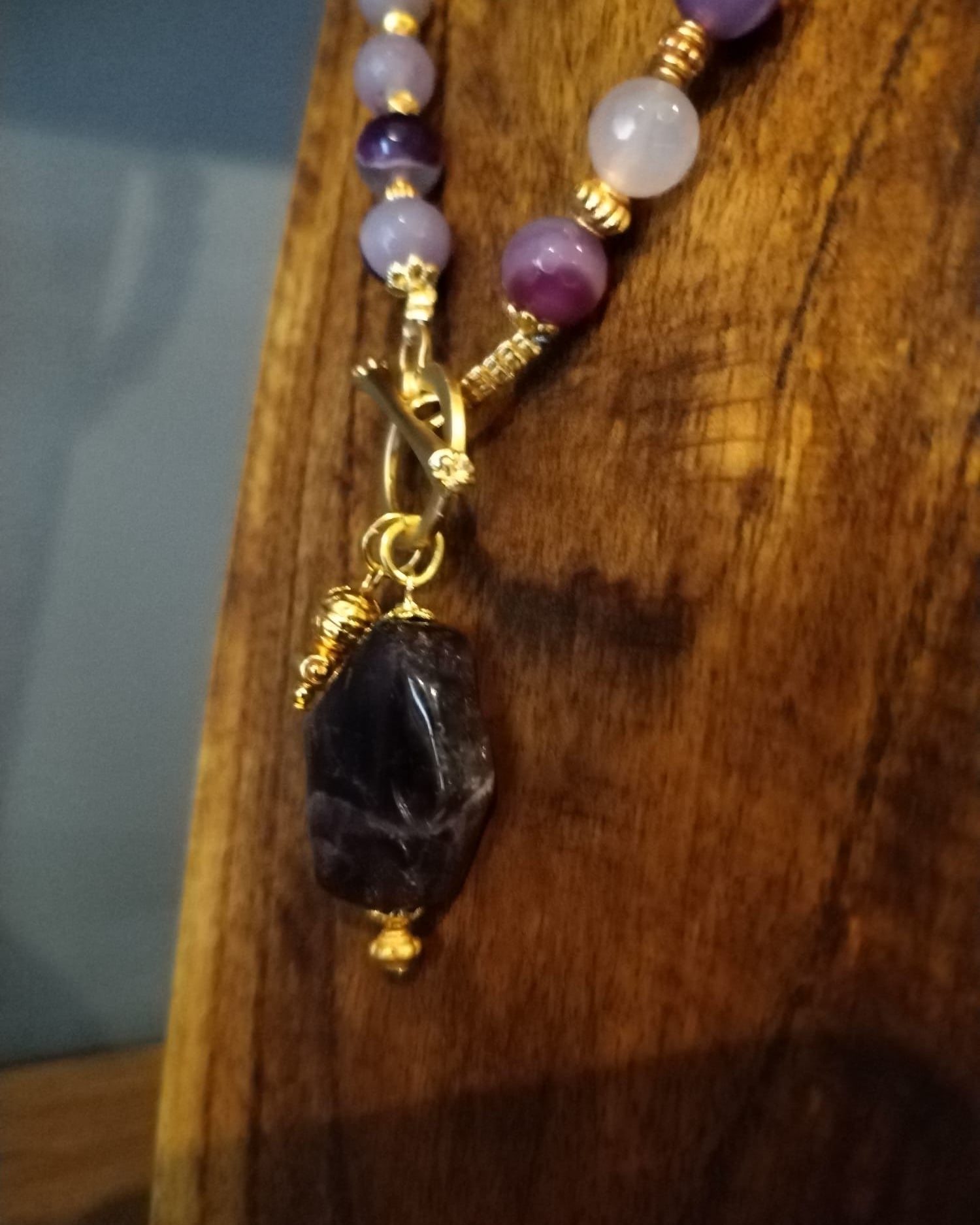 Agate with Amethyst  stone charm and Gold Necklace
