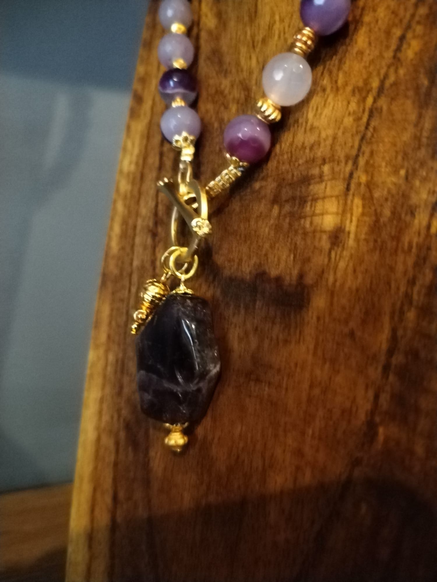 Agate with Amethyst  stone charm and Gold Necklace