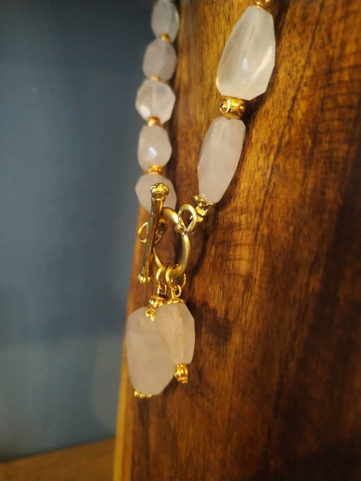 Rose Quartz Necklace with Gold Details 44cm