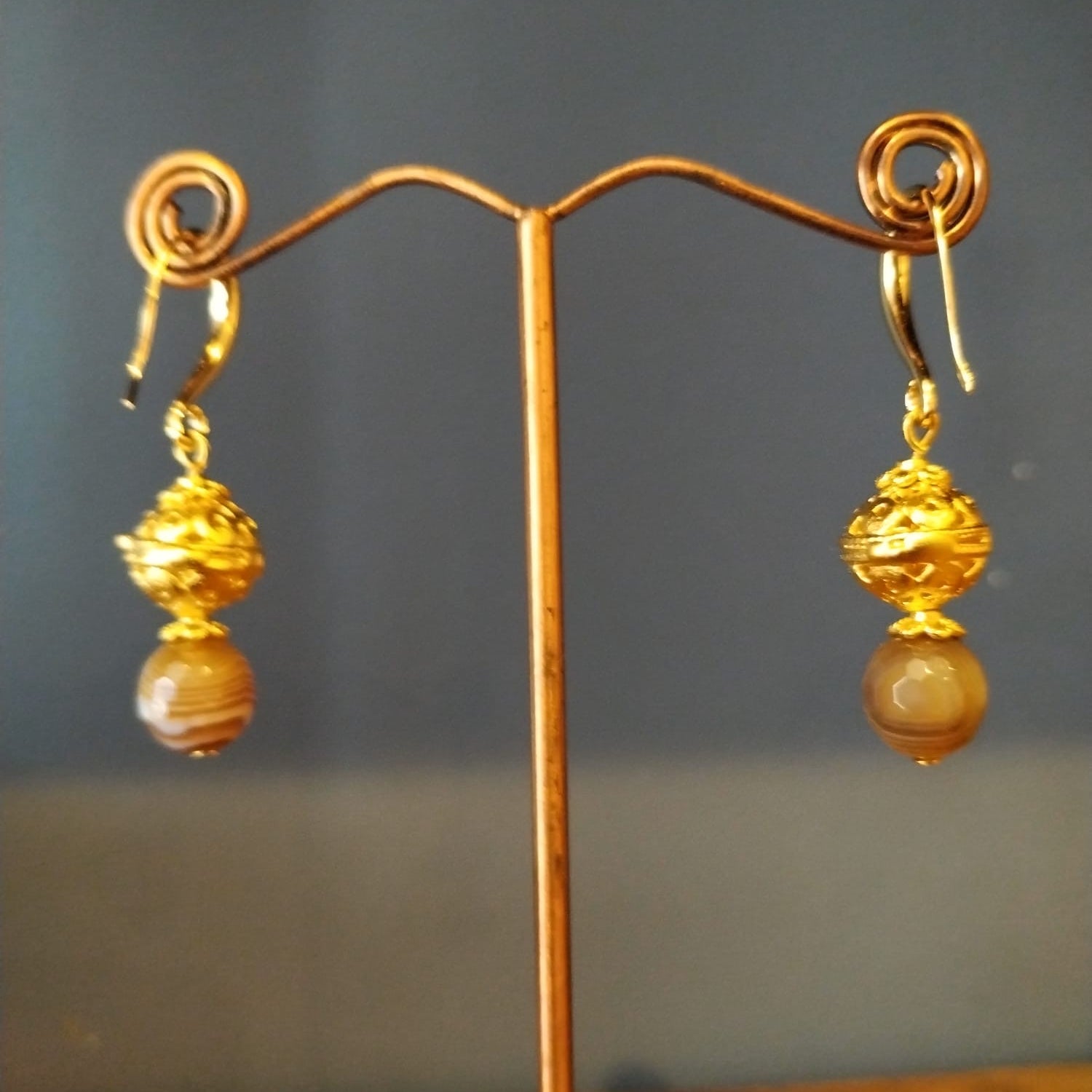 Striped Agate & Gold Drop Earrings