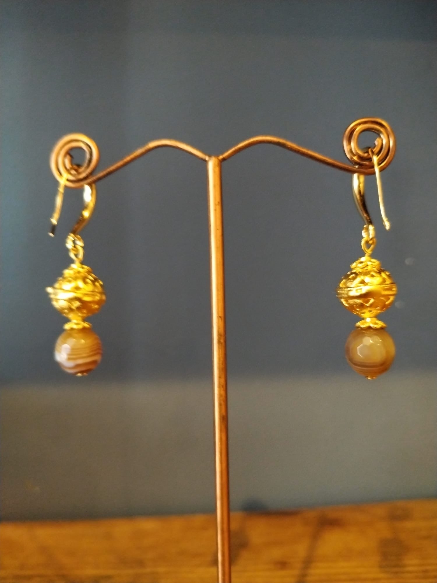 Striped Agate & Gold Drop Earrings