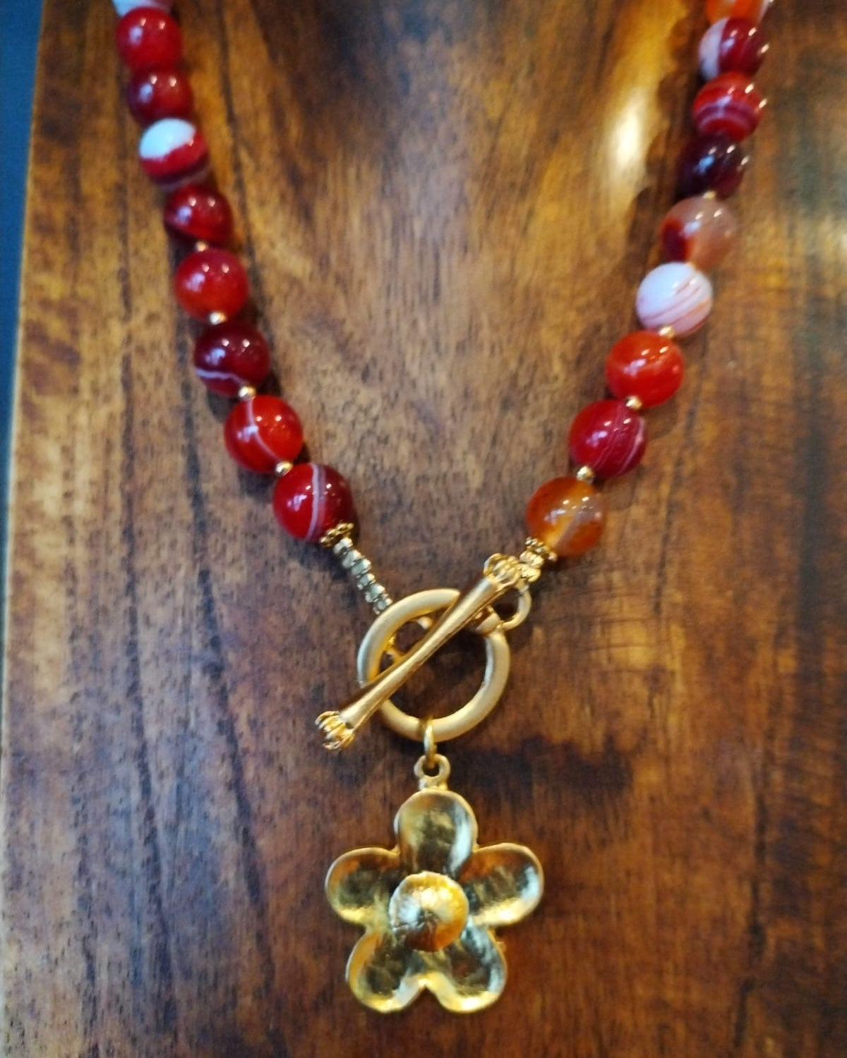 Timeless Red Banded Agate Necklace – With Flower Charm