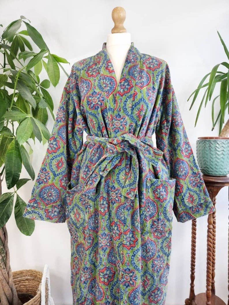 Luxury Velvet  Robe - Fresh Leaf Green Blue Mandala Geometric