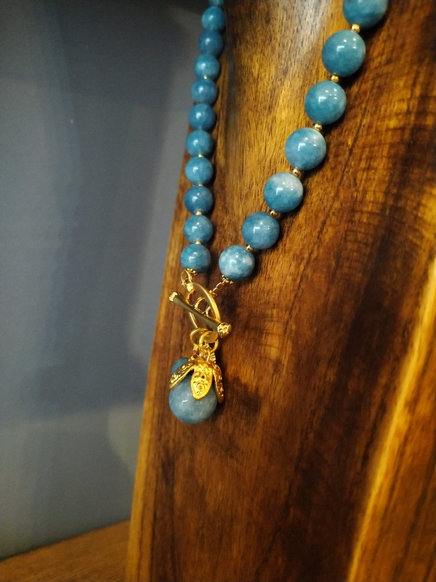 Pale Blue Angelite Necklace with Gold Details and Flower Bud 43cm
