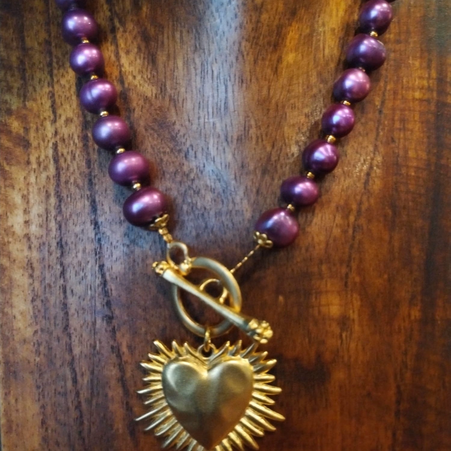 Purple Pearl Necklace with Gold Shining Heart Charm 43cm