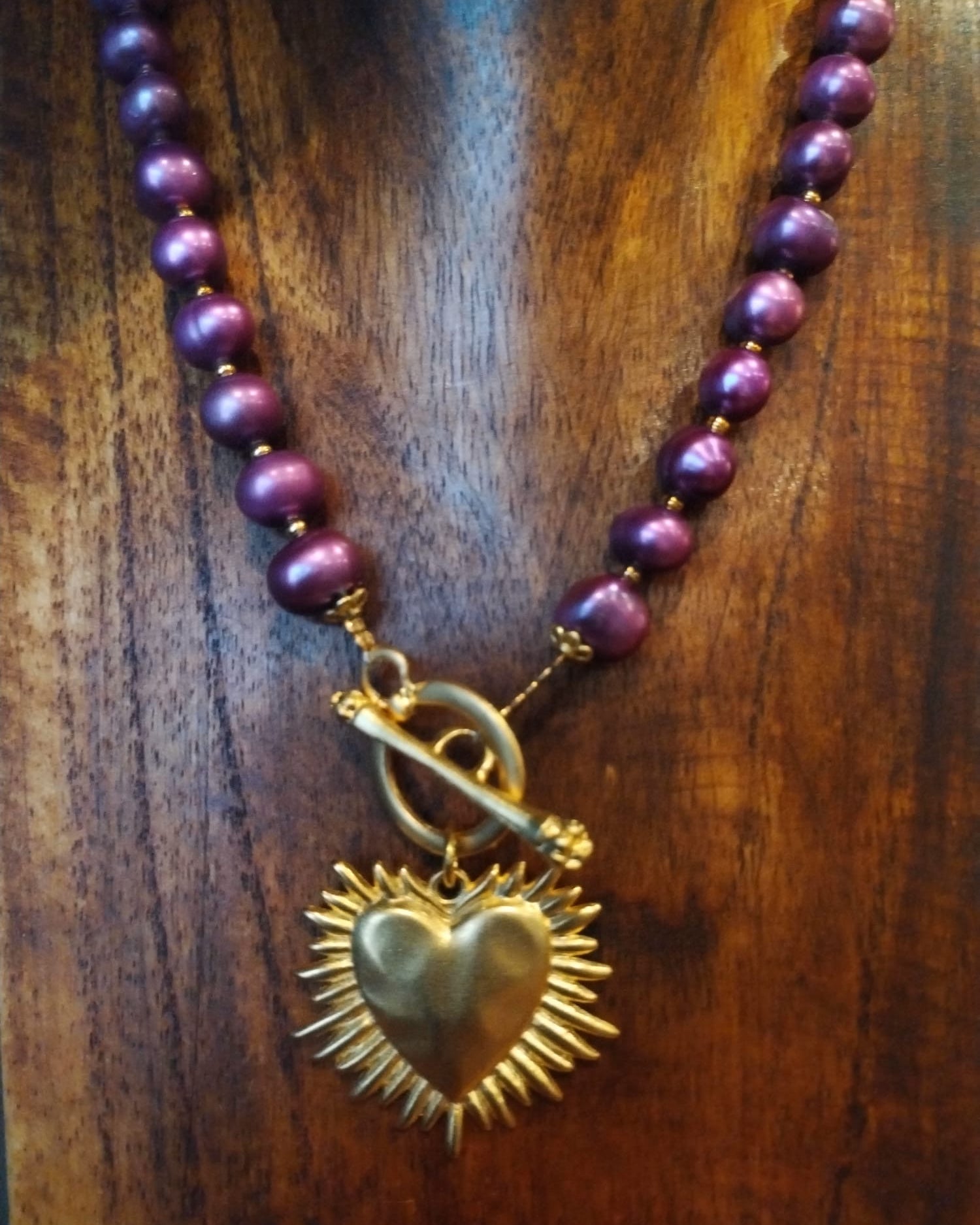 Purple Pearl Necklace with Gold Shining Heart Charm 43cm